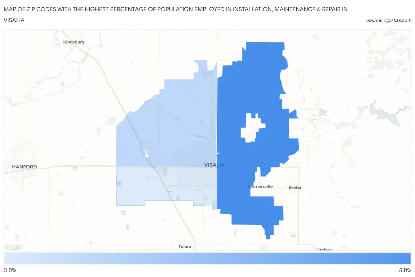 Zip Codes with the Highest Percentage of Population Employed in Installation, Maintenance & Repair in Visalia Map