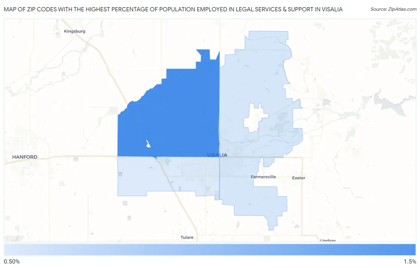 Zip Codes with the Highest Percentage of Population Employed in Legal Services & Support in Visalia Map