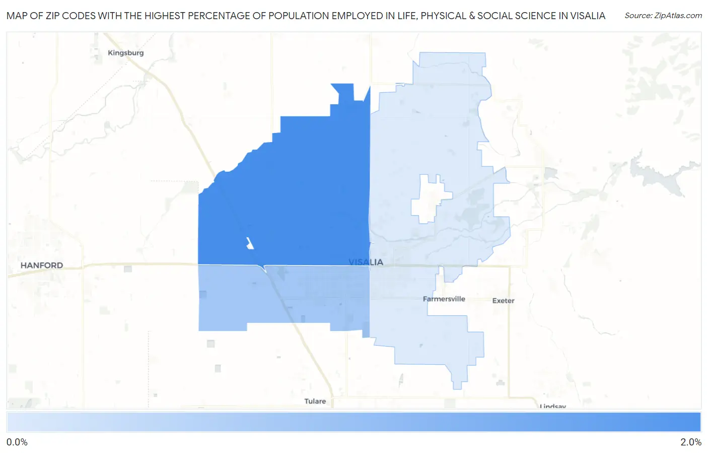 Zip Codes with the Highest Percentage of Population Employed in Life, Physical & Social Science in Visalia Map