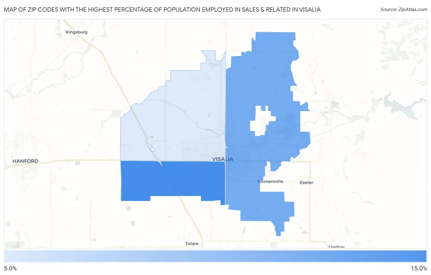 Zip Codes with the Highest Percentage of Population Employed in Sales & Related in Visalia Map