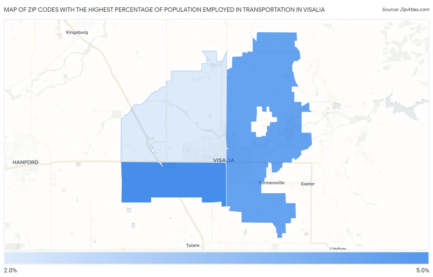 Zip Codes with the Highest Percentage of Population Employed in Transportation in Visalia Map