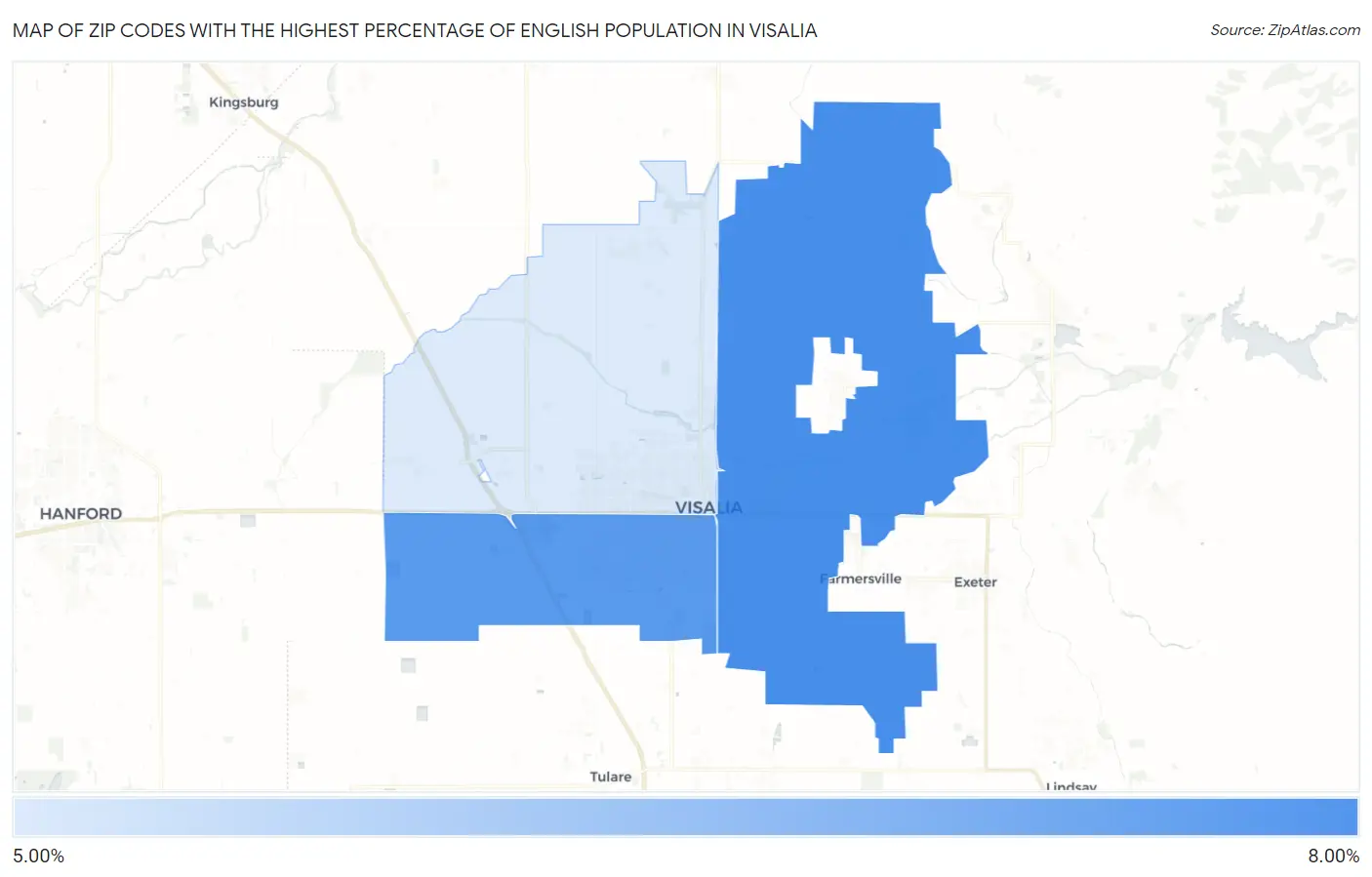 Zip Codes with the Highest Percentage of English Population in Visalia Map