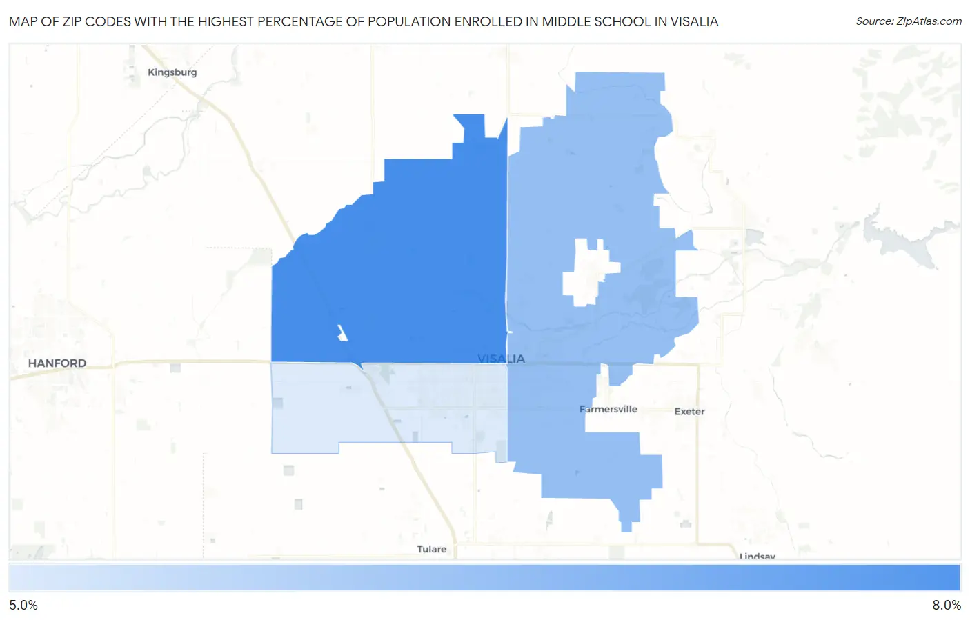 Zip Codes with the Highest Percentage of Population Enrolled in Middle School in Visalia Map
