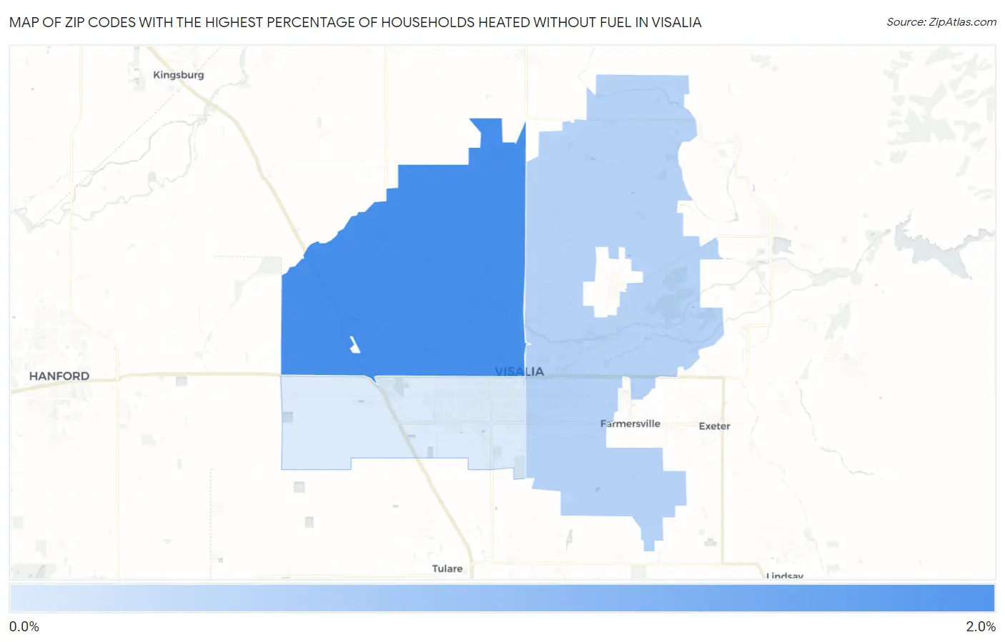 Zip Codes with the Highest Percentage of Households Heated without Fuel in Visalia Map