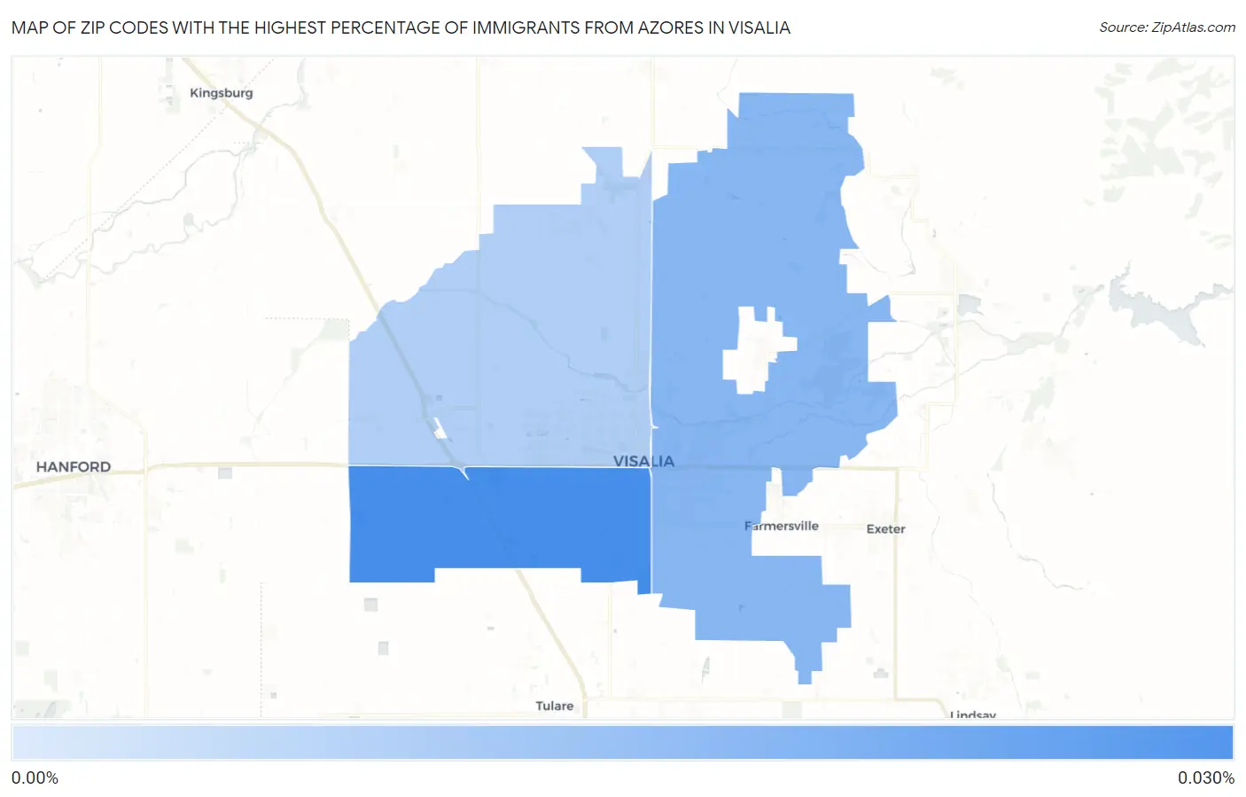 Zip Codes with the Highest Percentage of Immigrants from Azores in Visalia Map