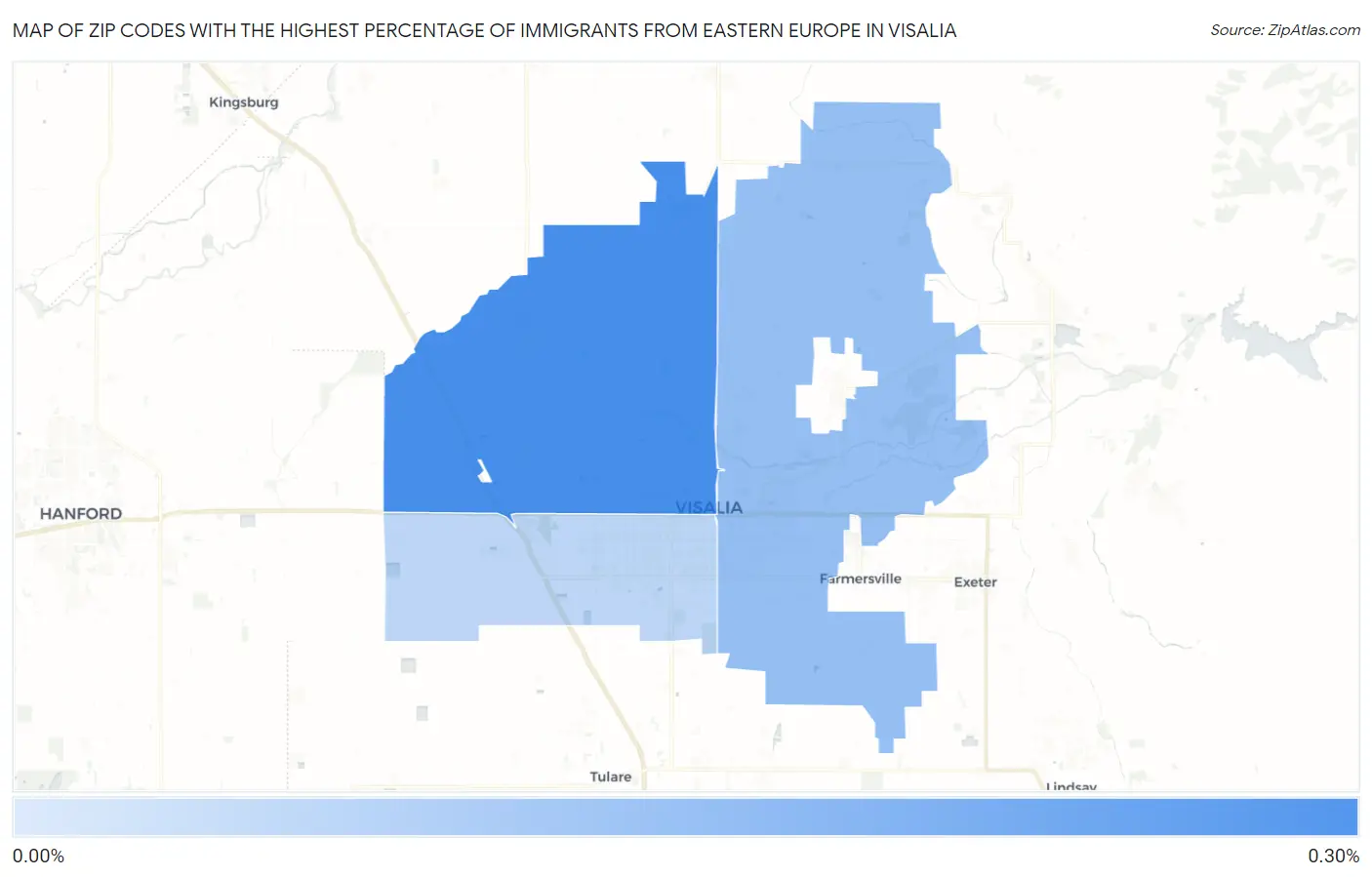 Zip Codes with the Highest Percentage of Immigrants from Eastern Europe in Visalia Map