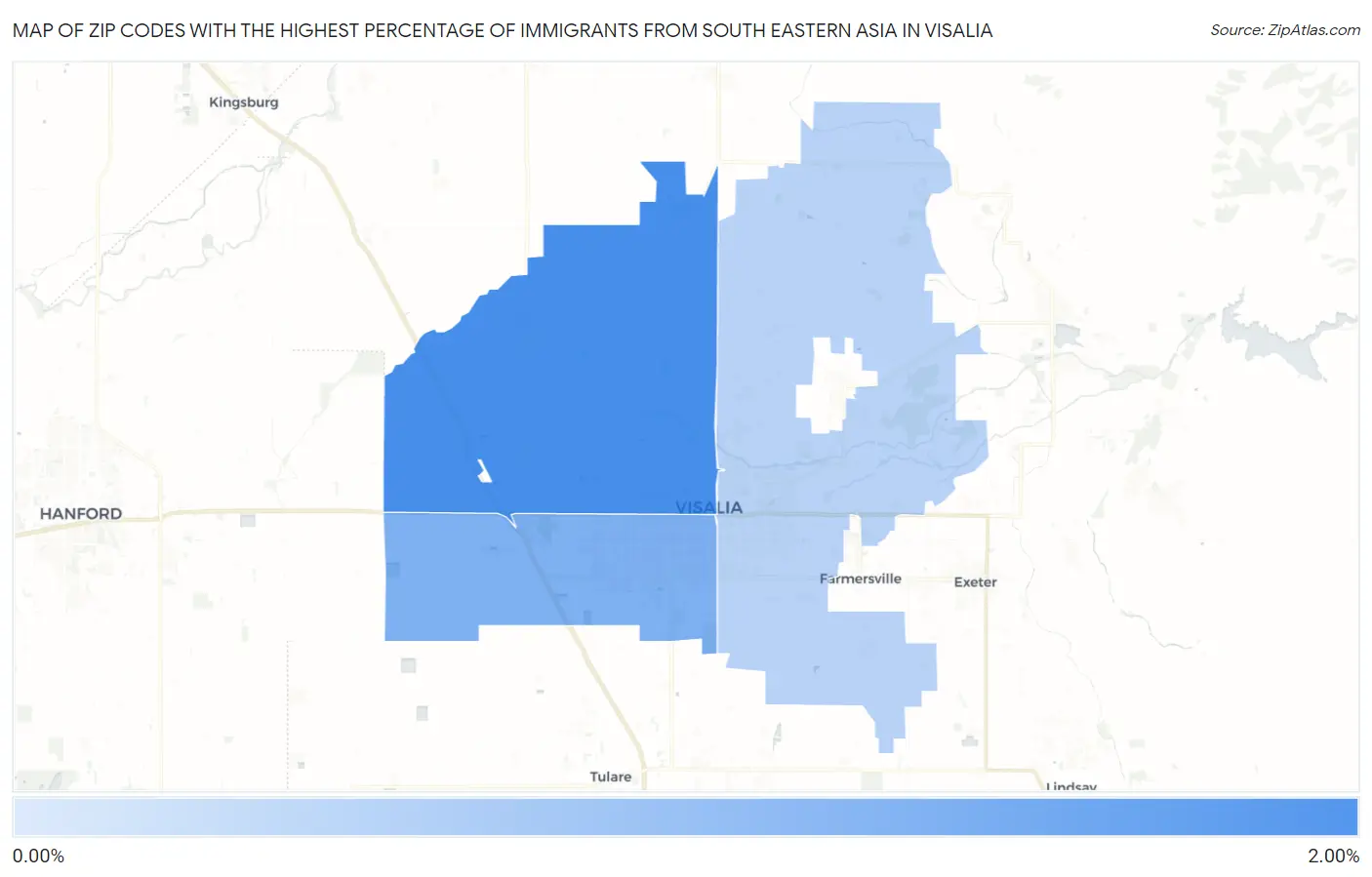 Zip Codes with the Highest Percentage of Immigrants from South Eastern Asia in Visalia Map