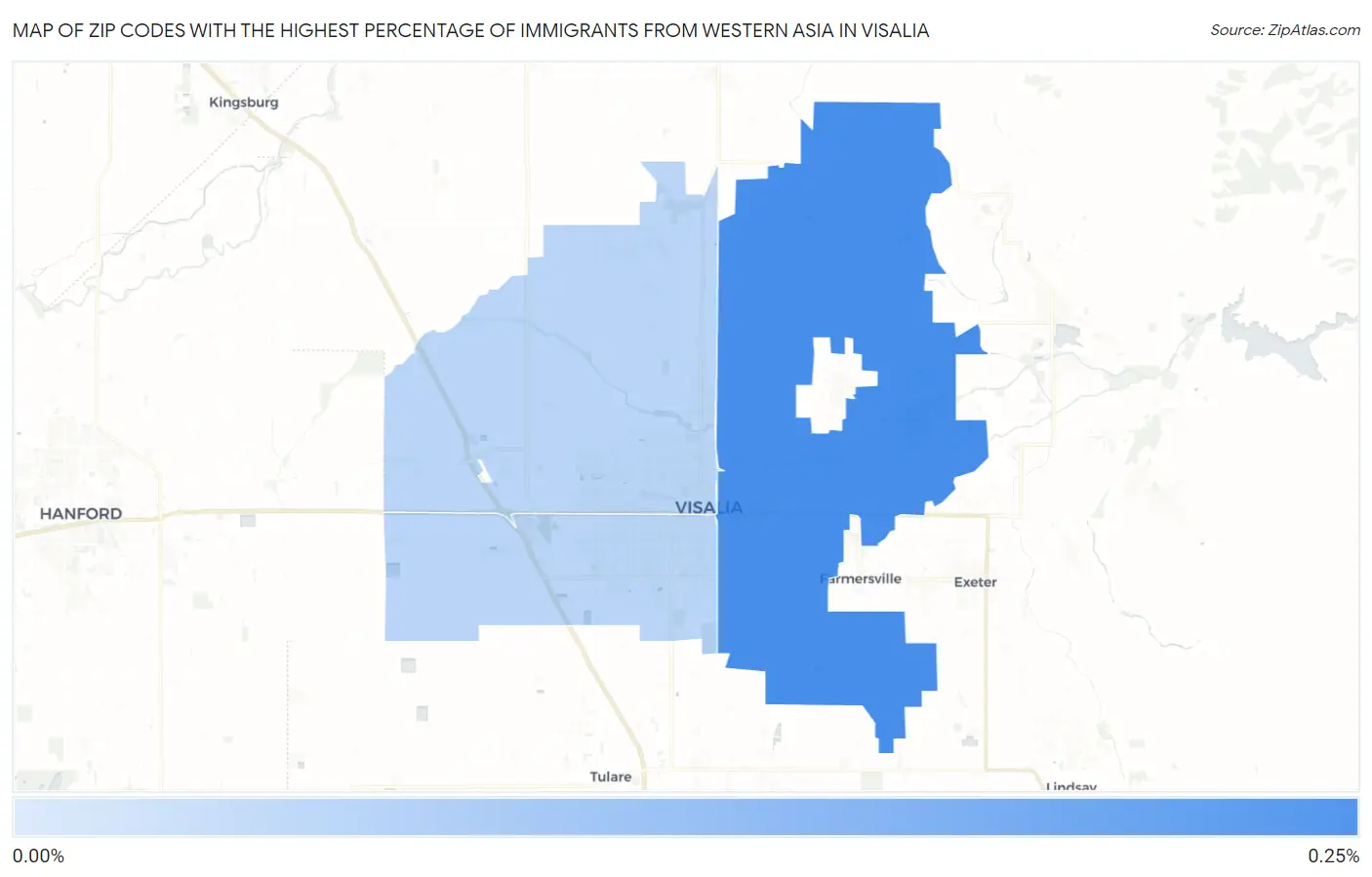 Zip Codes with the Highest Percentage of Immigrants from Western Asia in Visalia Map