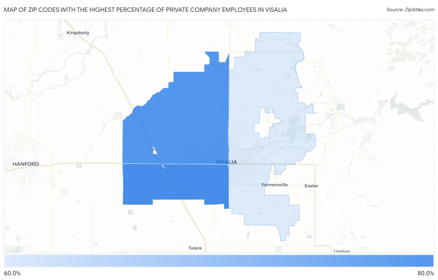 Zip Codes with the Highest Percentage of Private Company Employees in Visalia Map
