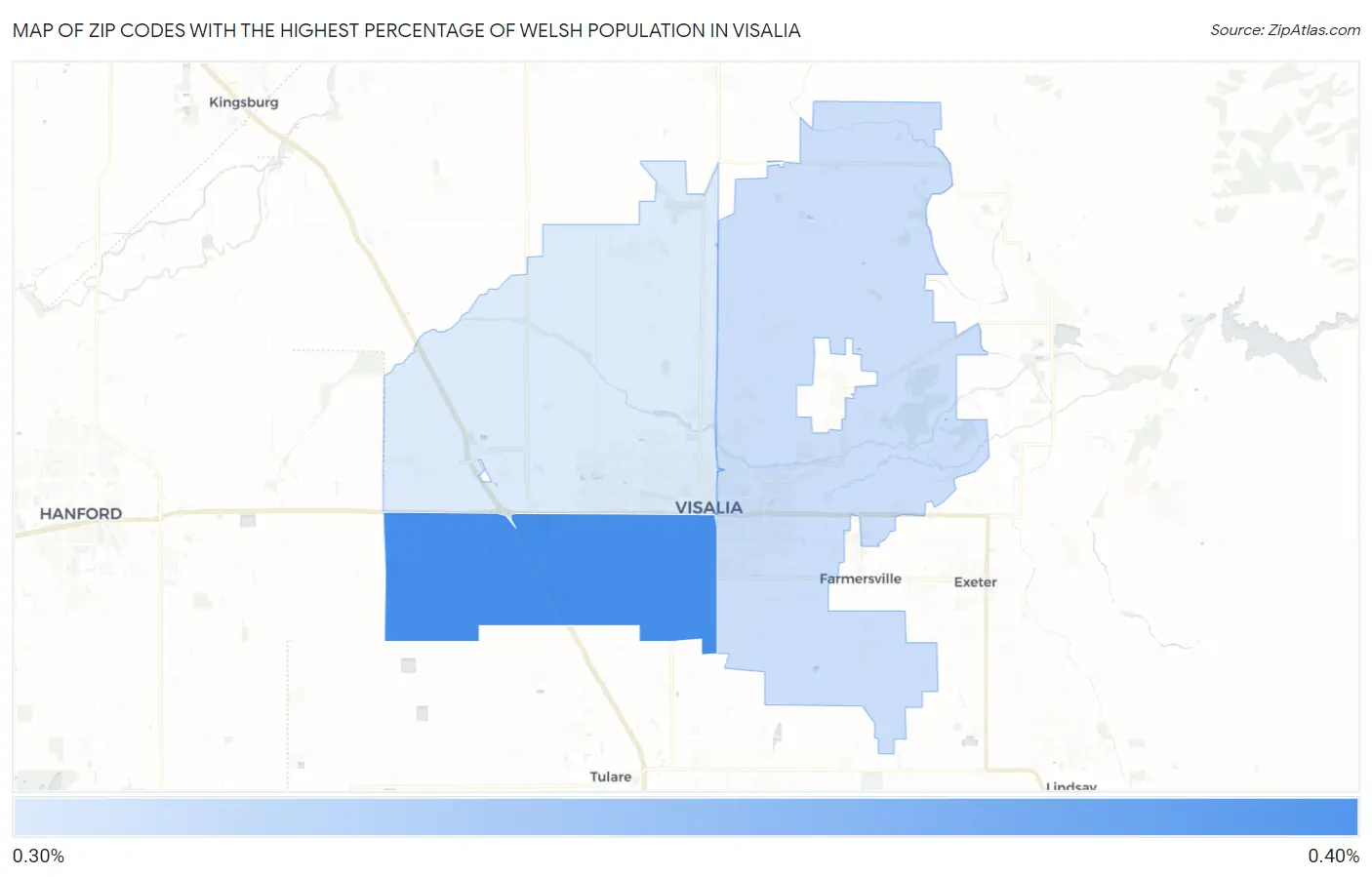 Zip Codes with the Highest Percentage of Welsh Population in Visalia Map
