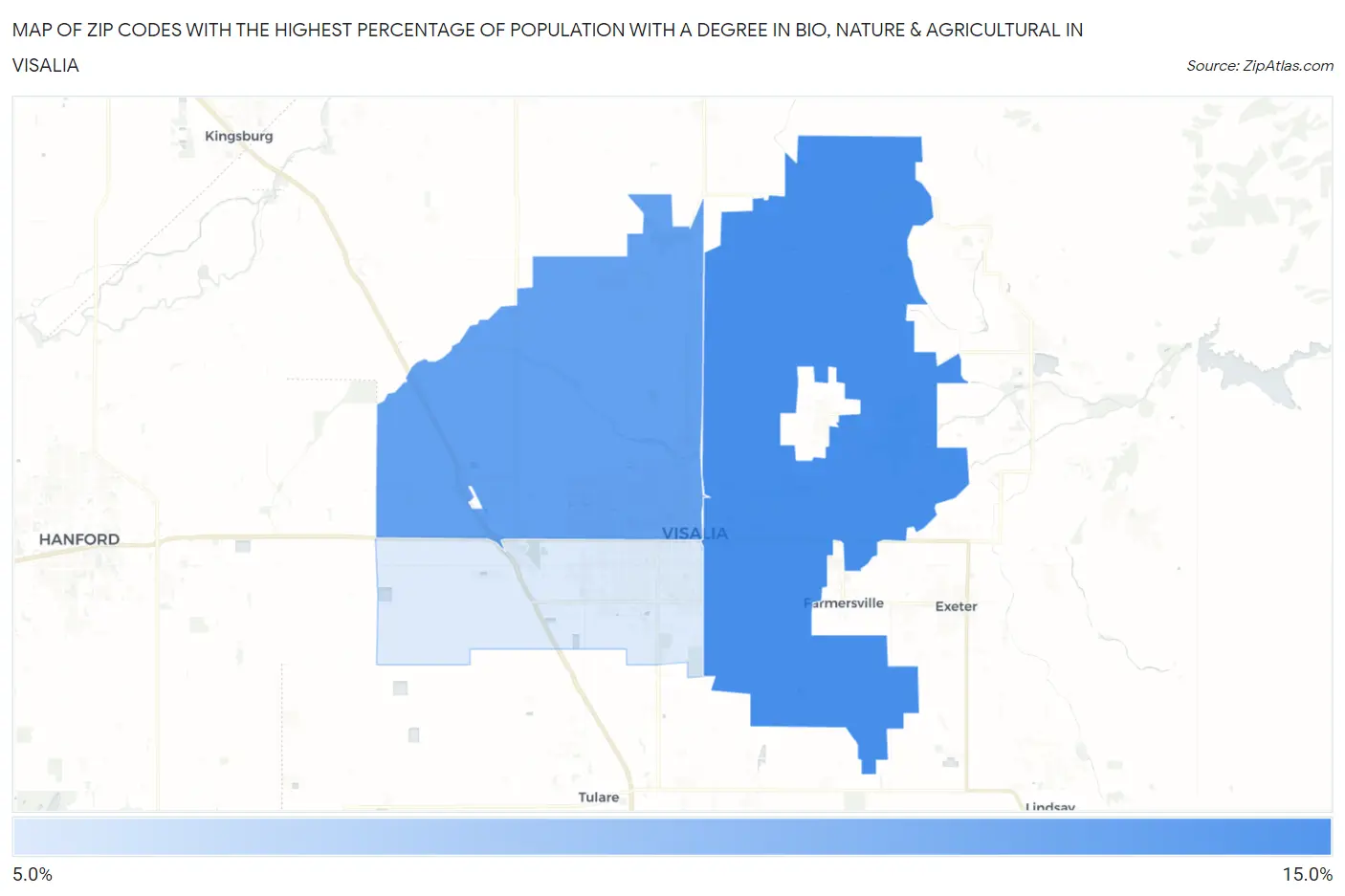 Zip Codes with the Highest Percentage of Population with a Degree in Bio, Nature & Agricultural in Visalia Map