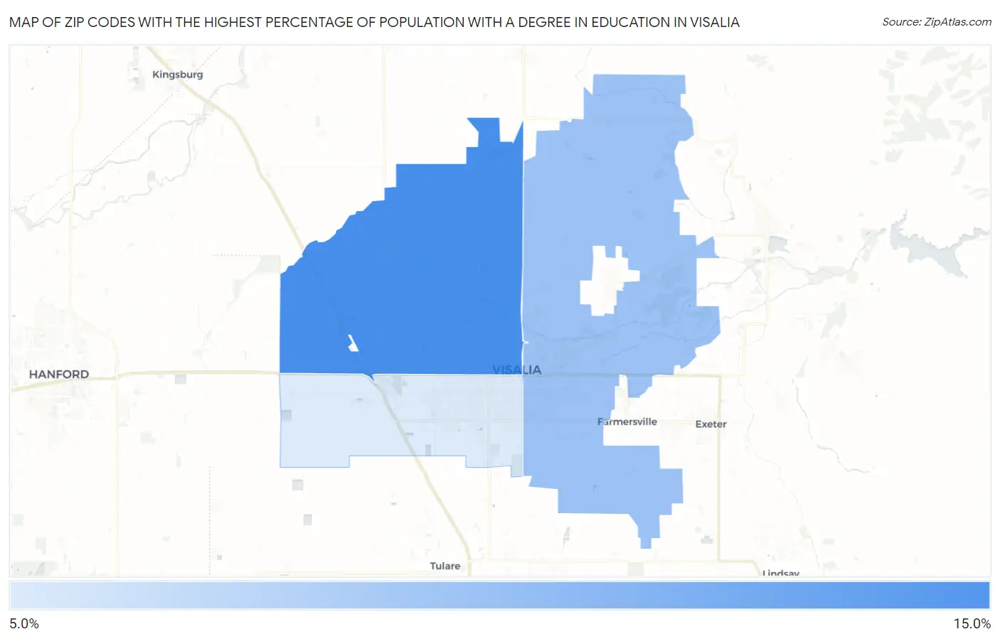 Zip Codes with the Highest Percentage of Population with a Degree in Education in Visalia Map
