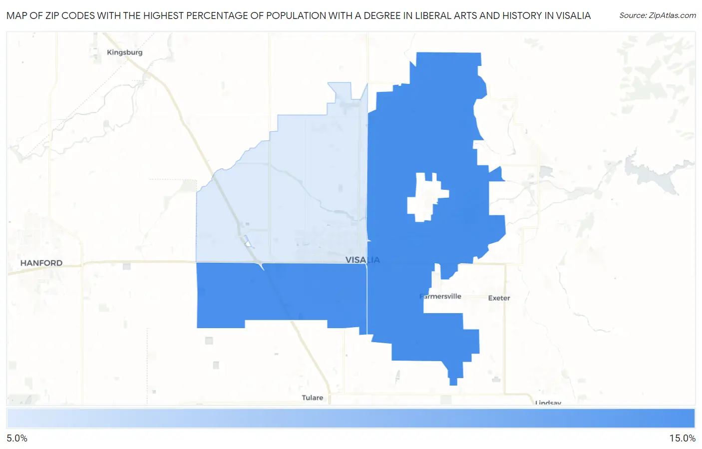 Zip Codes with the Highest Percentage of Population with a Degree in Liberal Arts and History in Visalia Map