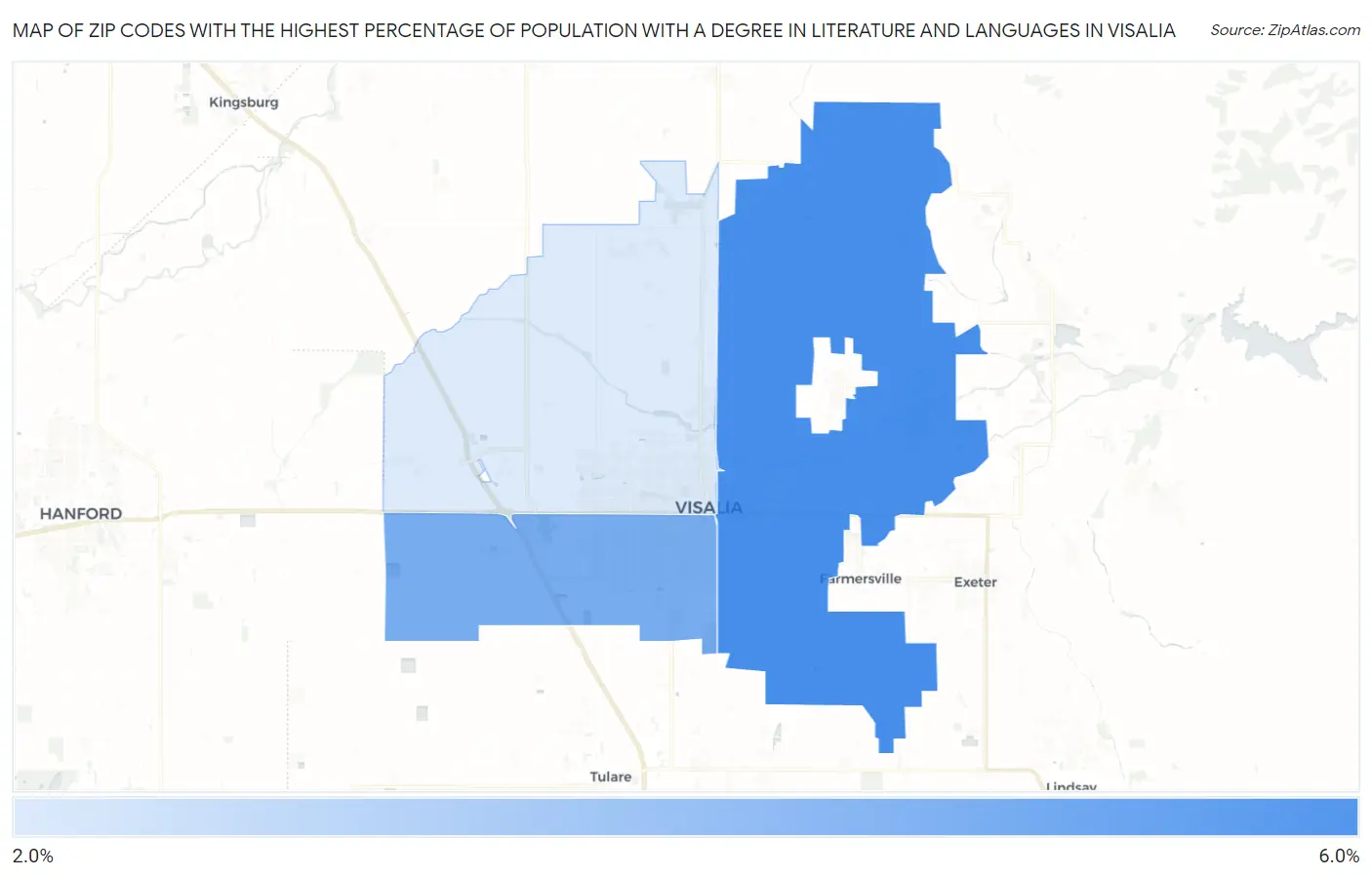 Zip Codes with the Highest Percentage of Population with a Degree in Literature and Languages in Visalia Map
