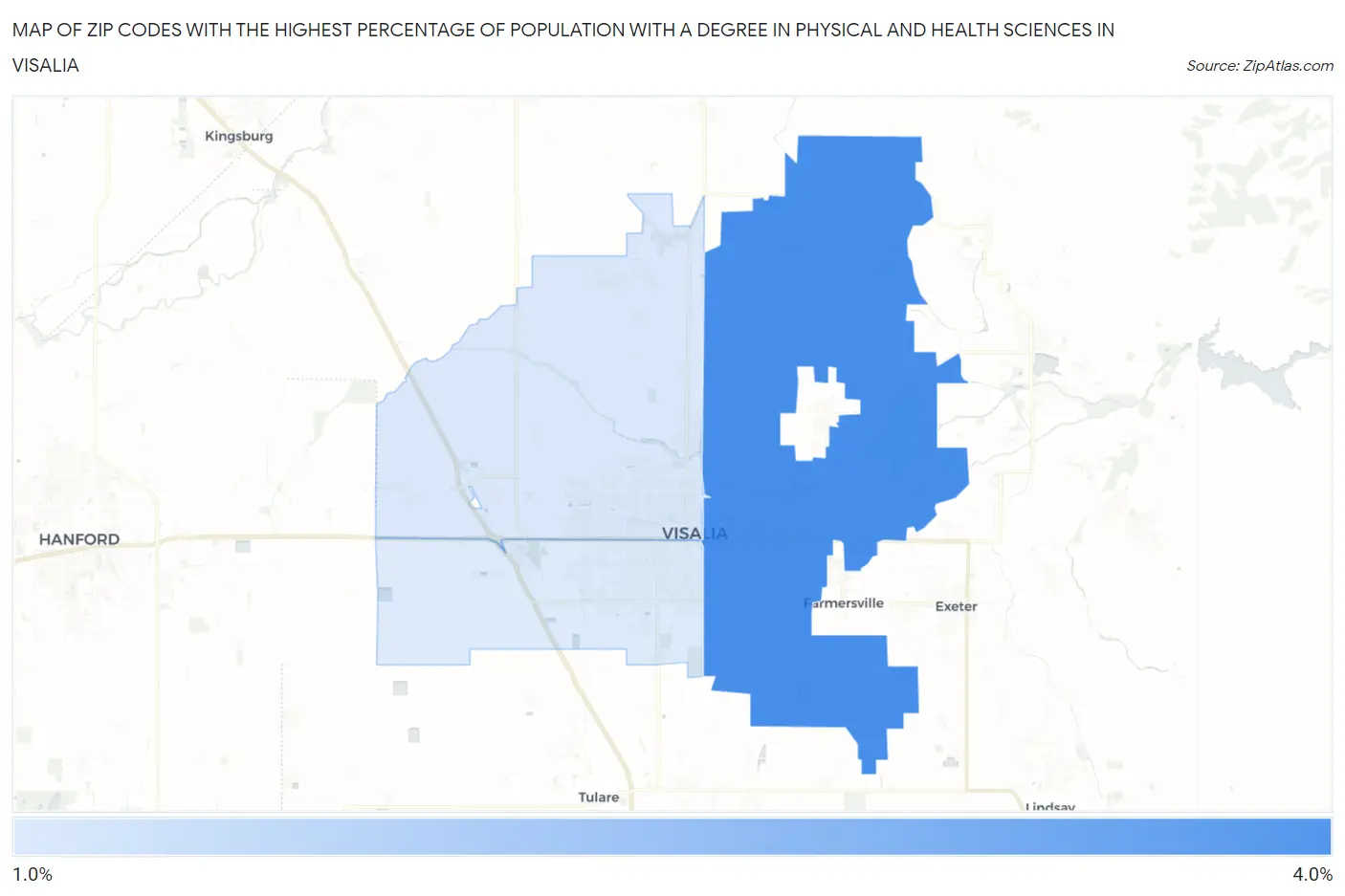 Zip Codes with the Highest Percentage of Population with a Degree in Physical and Health Sciences in Visalia Map