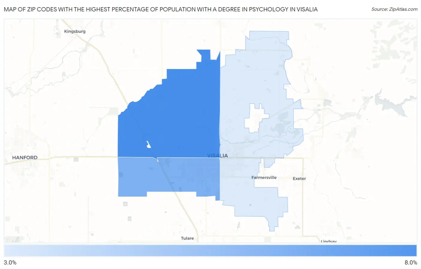 Zip Codes with the Highest Percentage of Population with a Degree in Psychology in Visalia Map