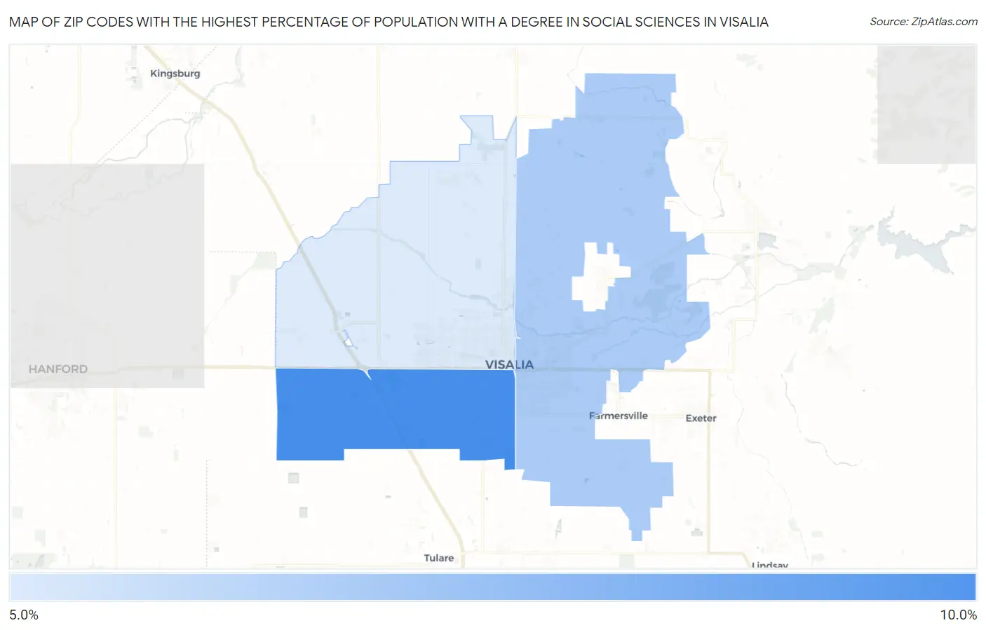 Zip Codes with the Highest Percentage of Population with a Degree in Social Sciences in Visalia Map