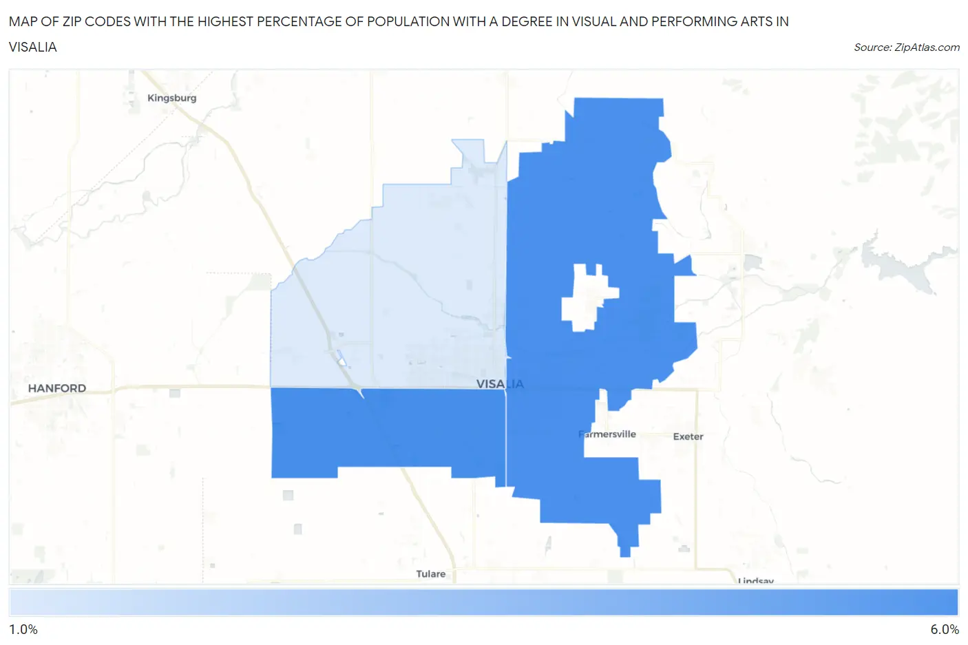 Zip Codes with the Highest Percentage of Population with a Degree in Visual and Performing Arts in Visalia Map