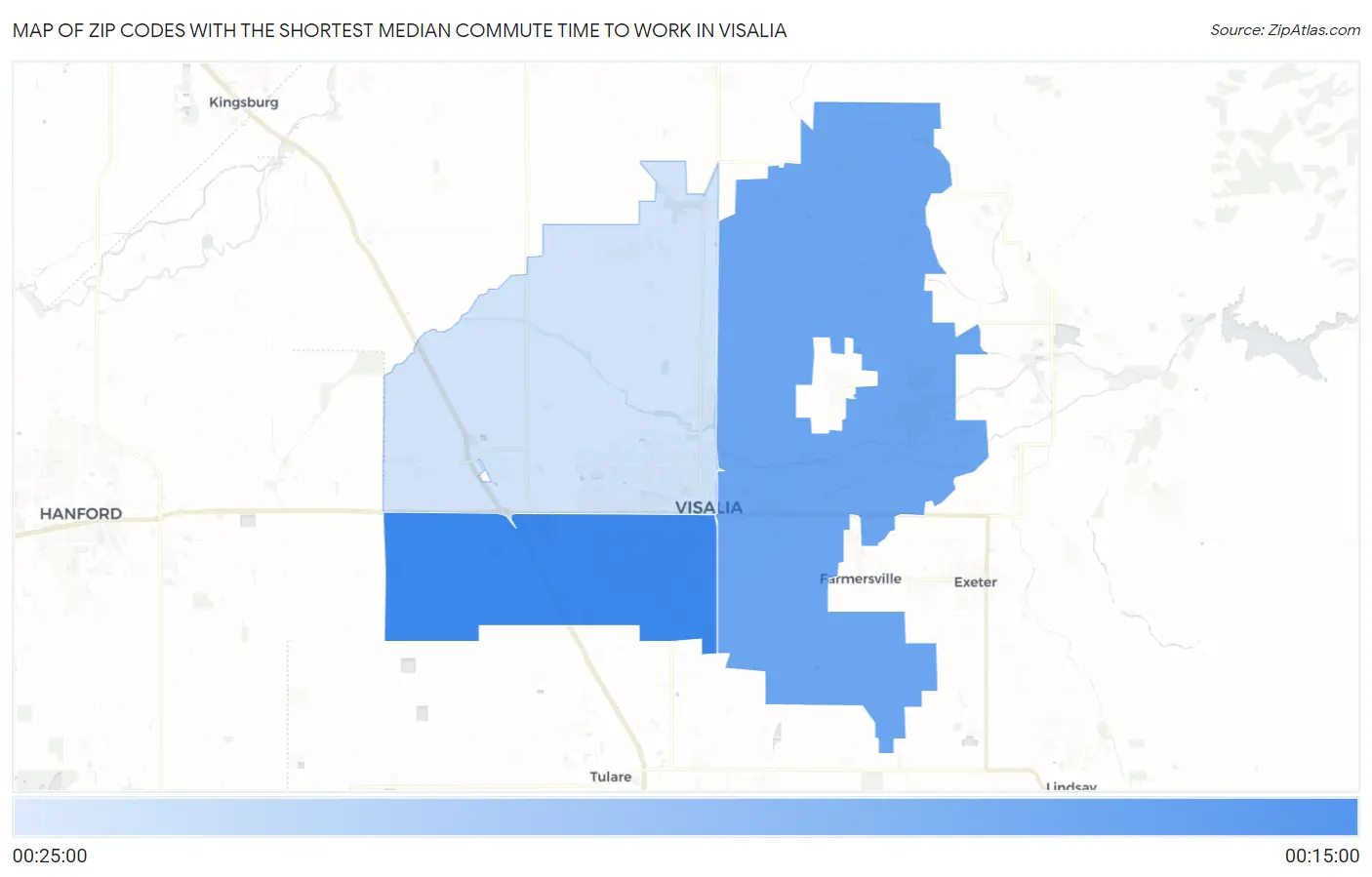 Zip Codes with the Shortest Median Commute Time to Work in Visalia Map