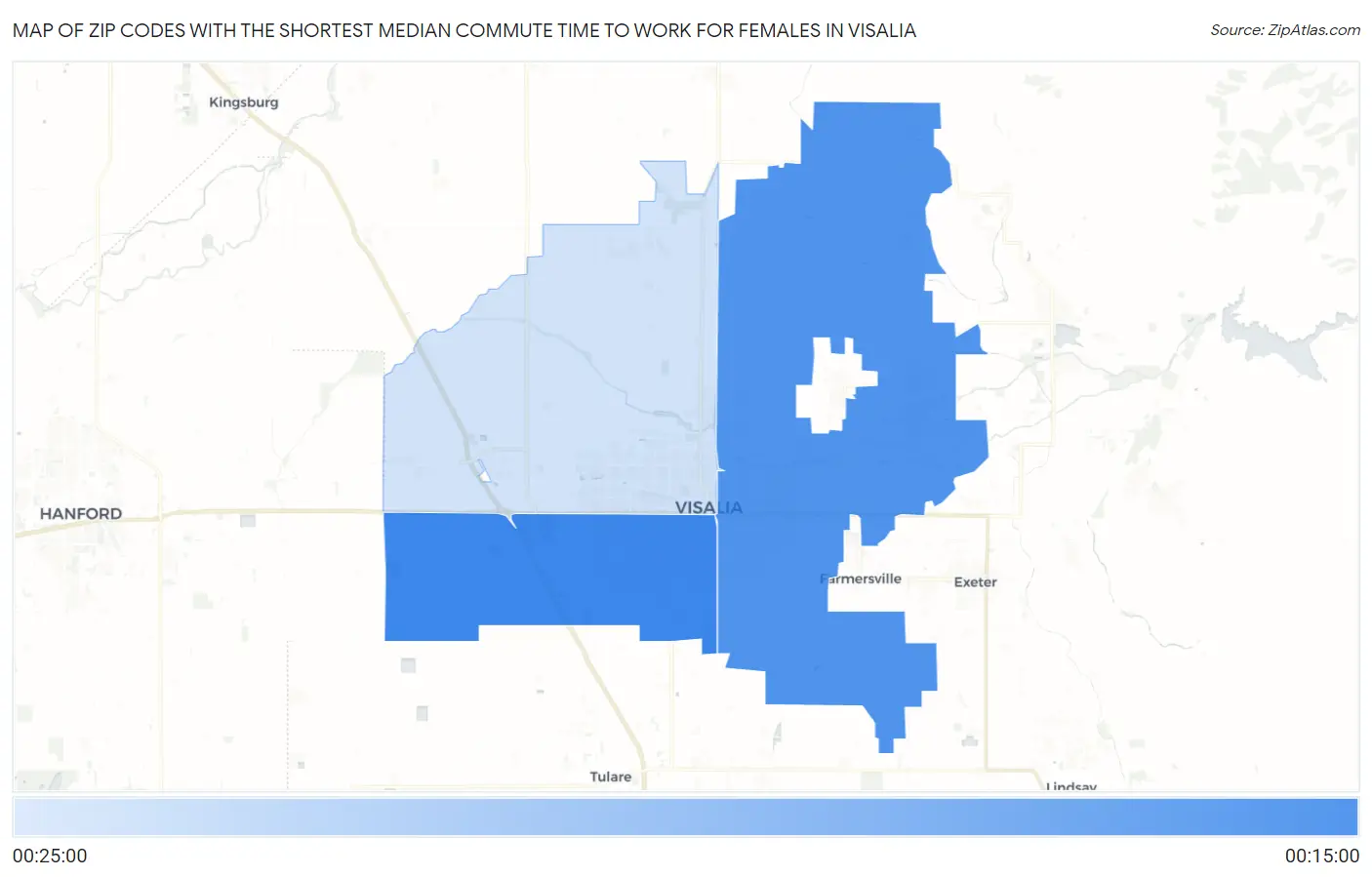 Zip Codes with the Shortest Median Commute Time to Work for Females in Visalia Map