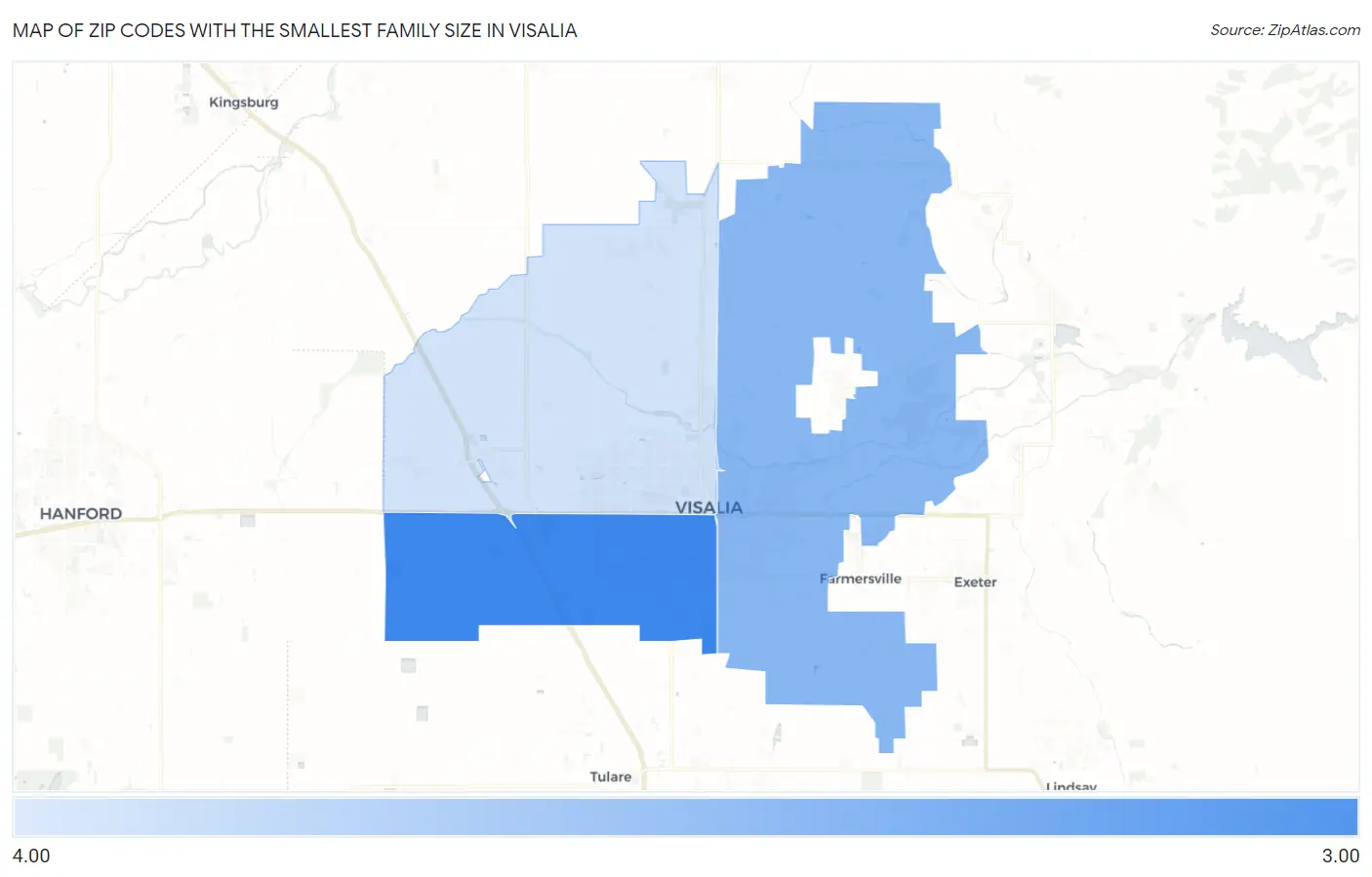 Zip Codes with the Smallest Family Size in Visalia Map