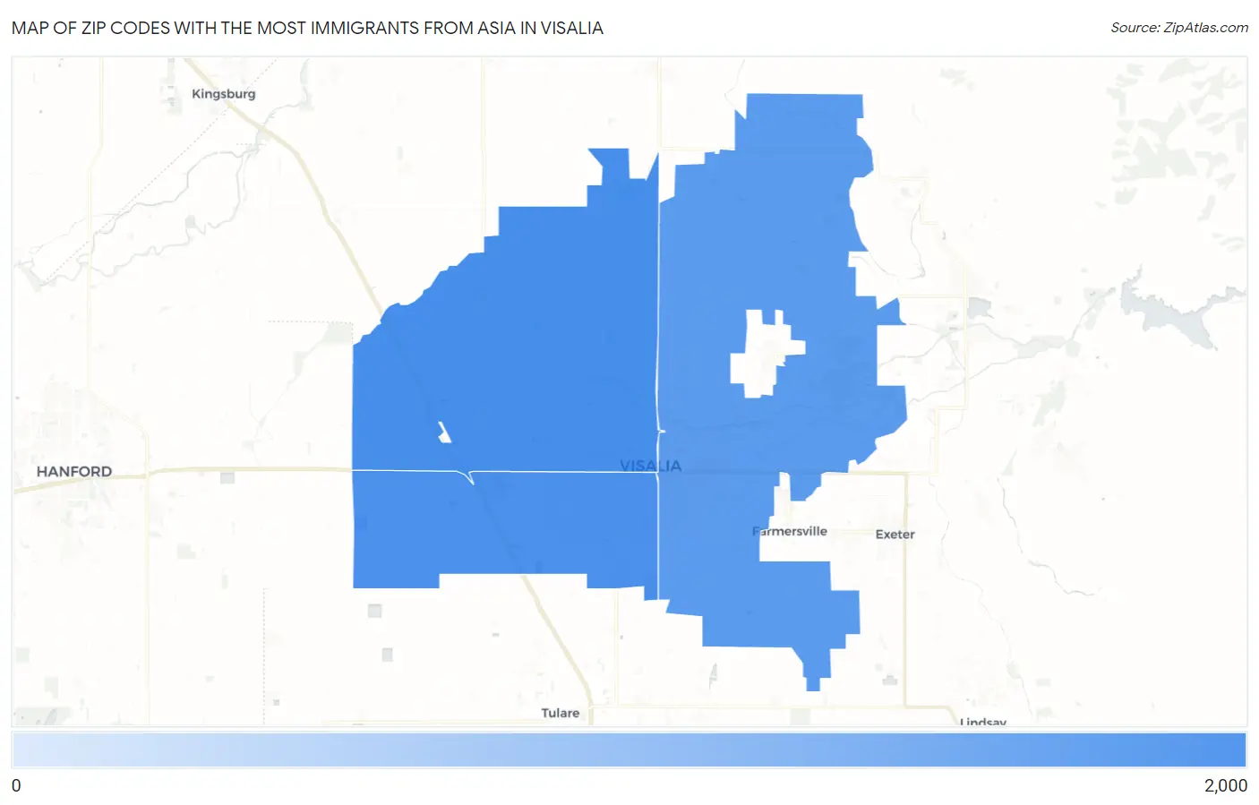 Zip Codes with the Most Immigrants from Asia in Visalia Map