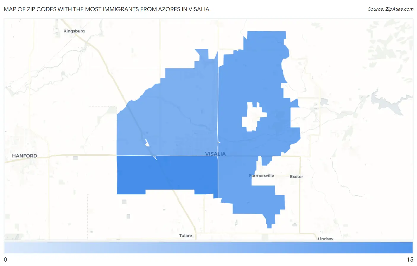 Zip Codes with the Most Immigrants from Azores in Visalia Map