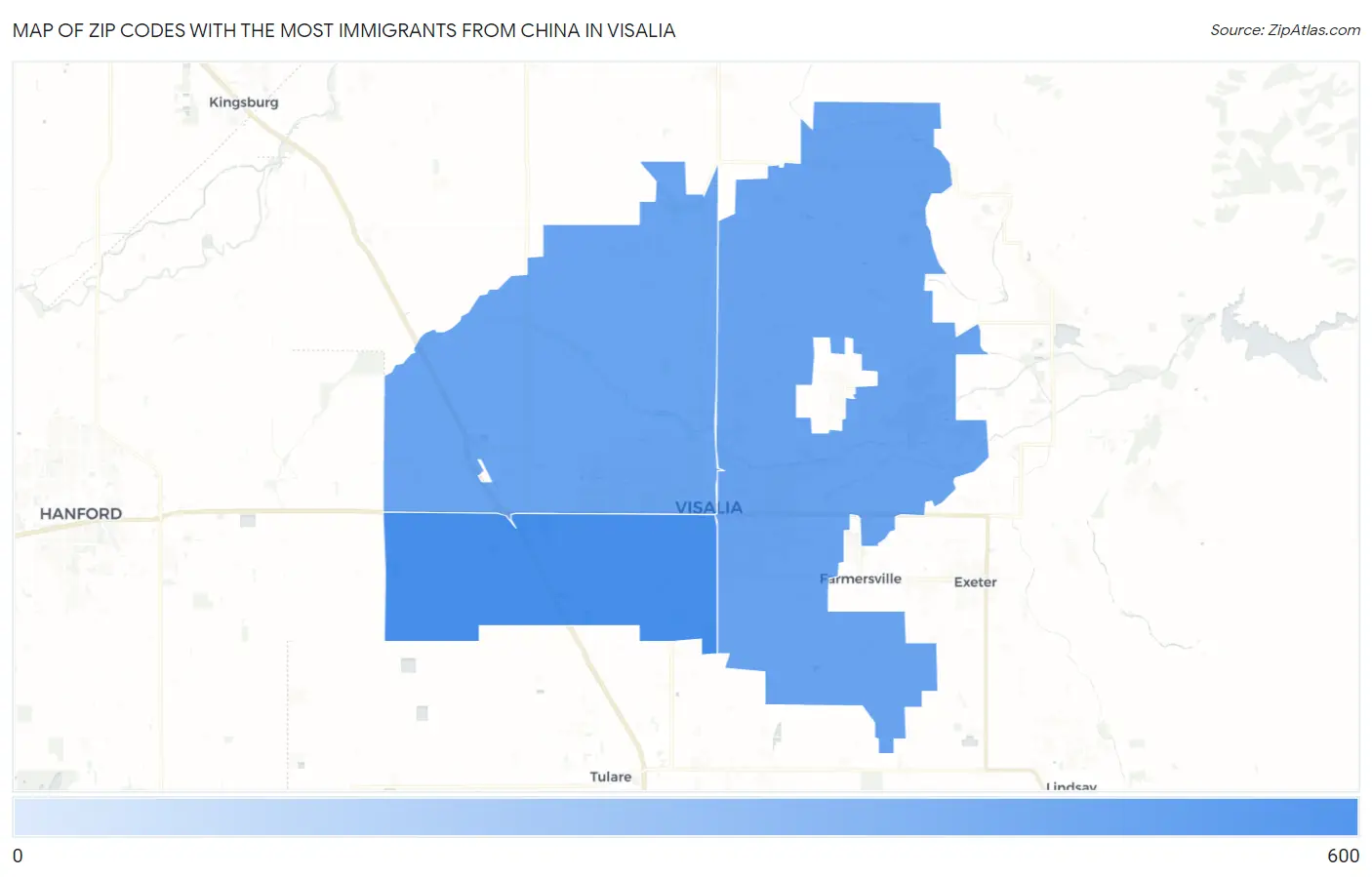 Zip Codes with the Most Immigrants from China in Visalia Map