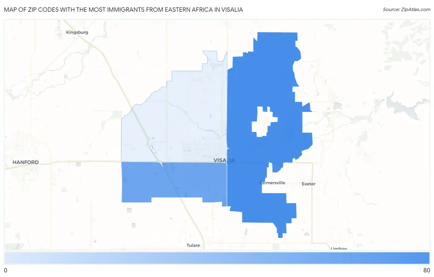 Zip Codes with the Most Immigrants from Eastern Africa in Visalia Map
