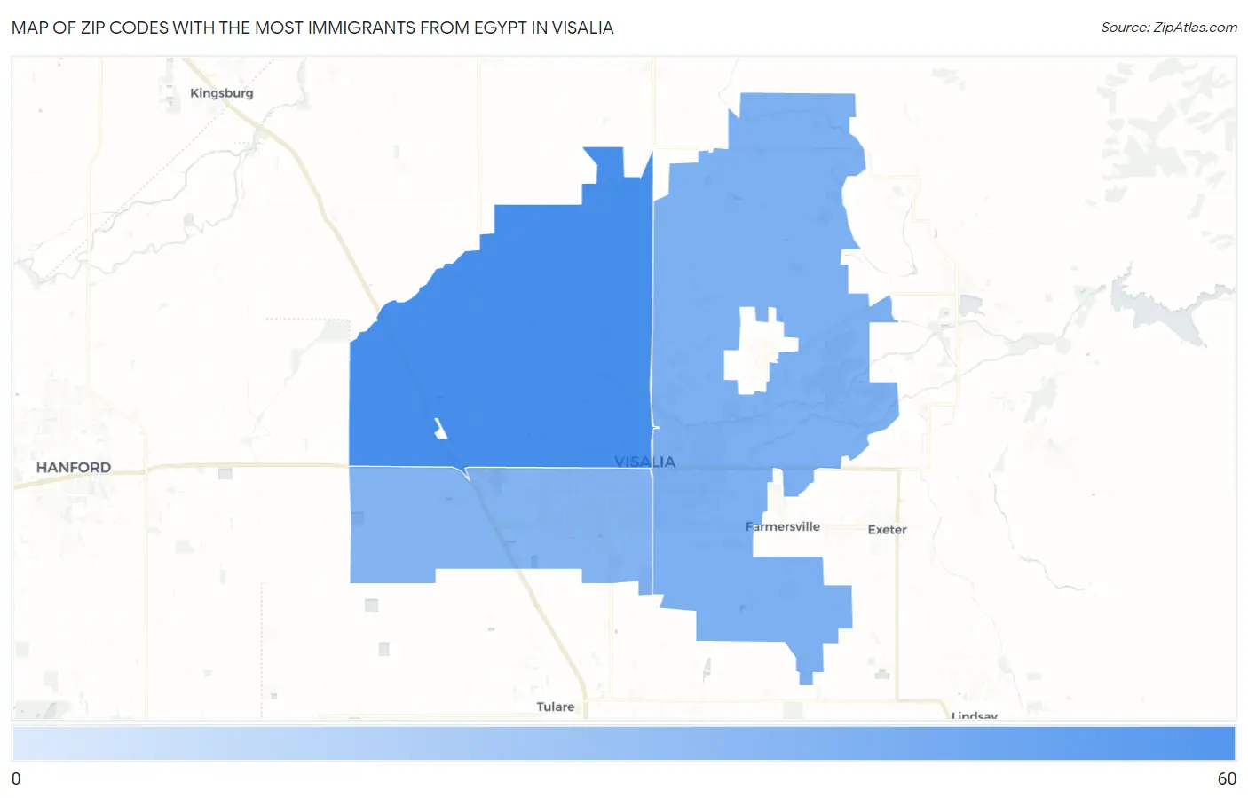 Zip Codes with the Most Immigrants from Egypt in Visalia Map