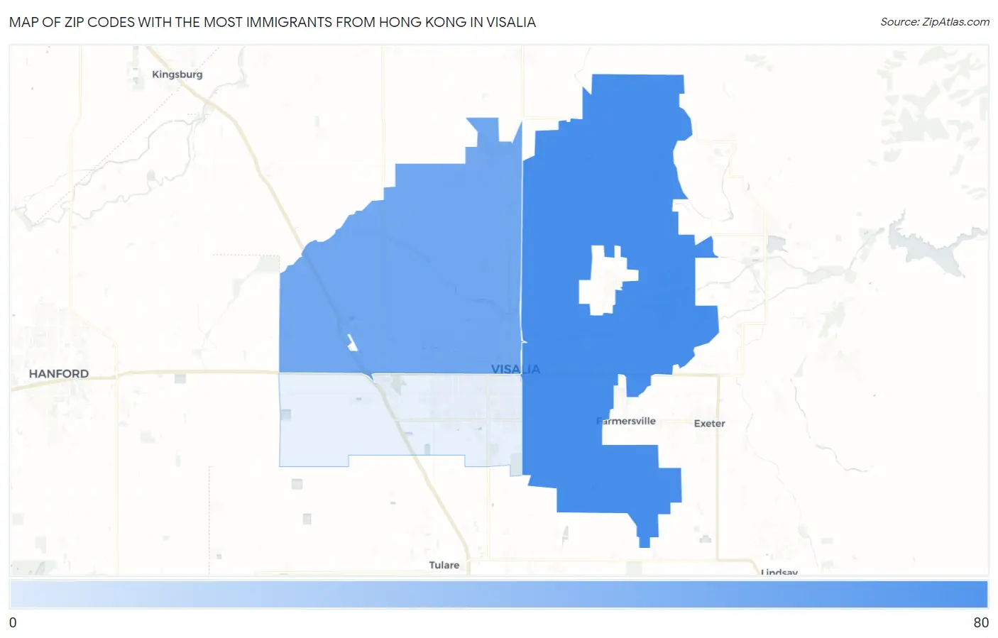 Zip Codes with the Most Immigrants from Hong Kong in Visalia Map