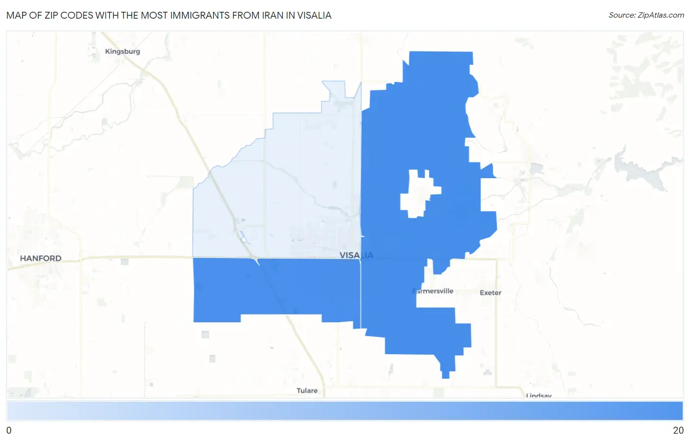 Zip Codes with the Most Immigrants from Iran in Visalia Map
