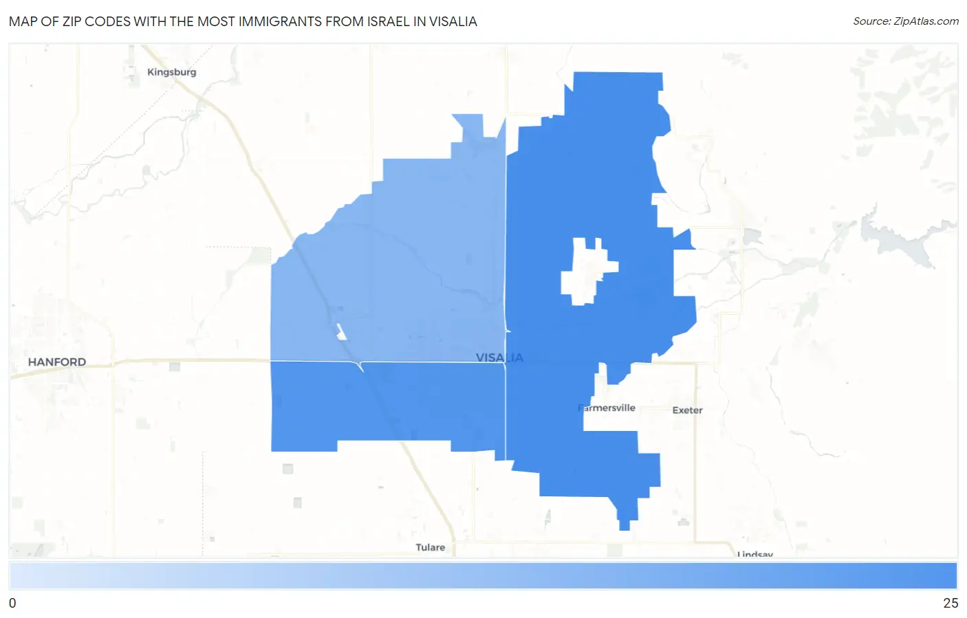 Zip Codes with the Most Immigrants from Israel in Visalia Map