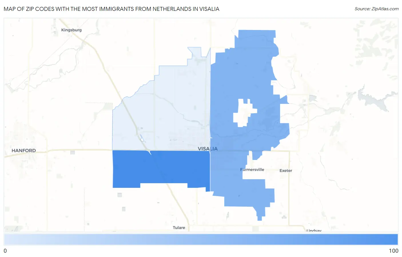Zip Codes with the Most Immigrants from Netherlands in Visalia Map