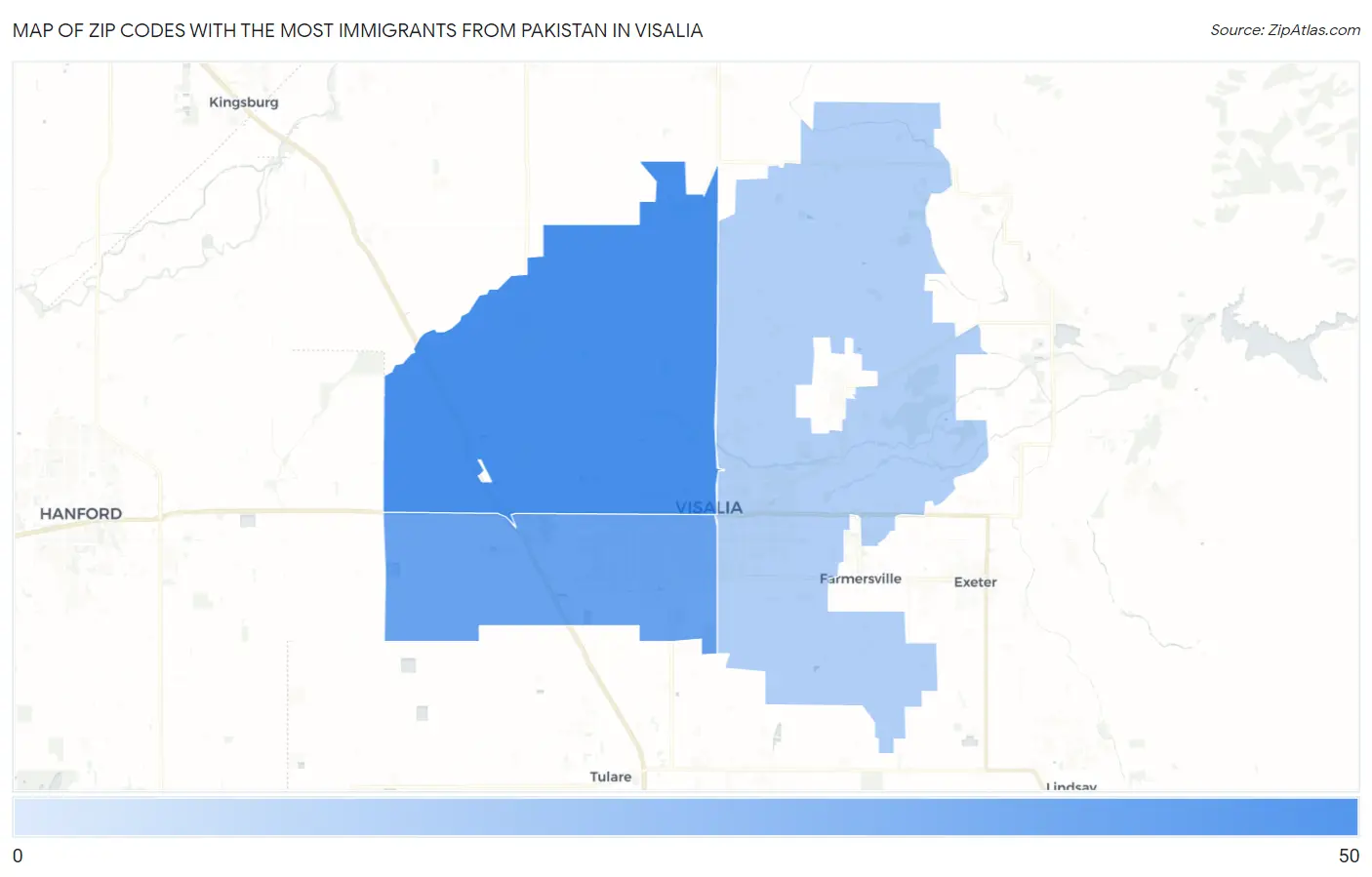 Zip Codes with the Most Immigrants from Pakistan in Visalia Map