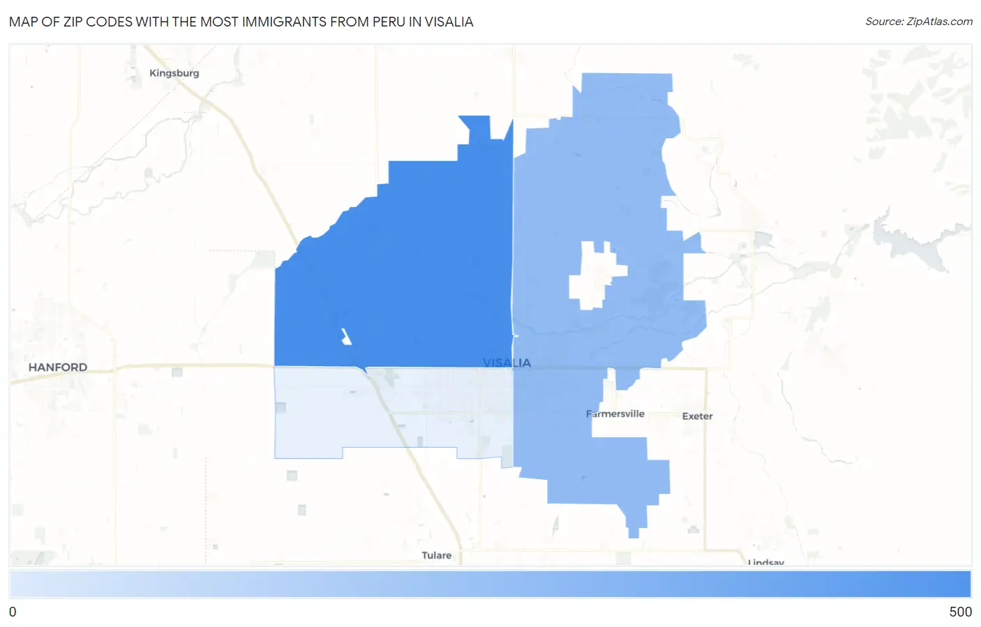 Zip Codes with the Most Immigrants from Peru in Visalia Map
