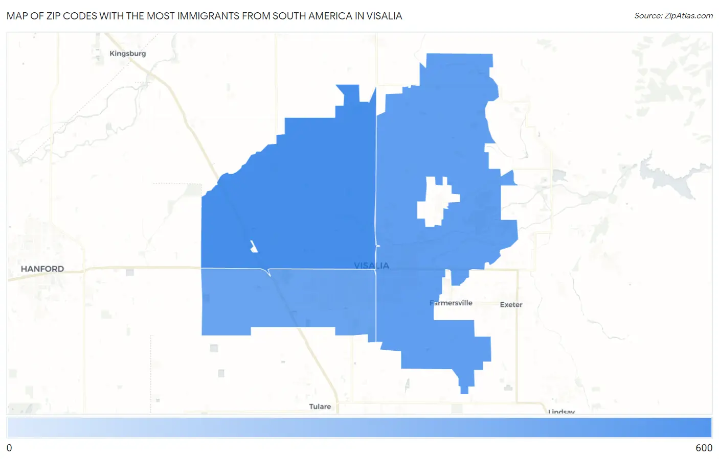 Zip Codes with the Most Immigrants from South America in Visalia Map