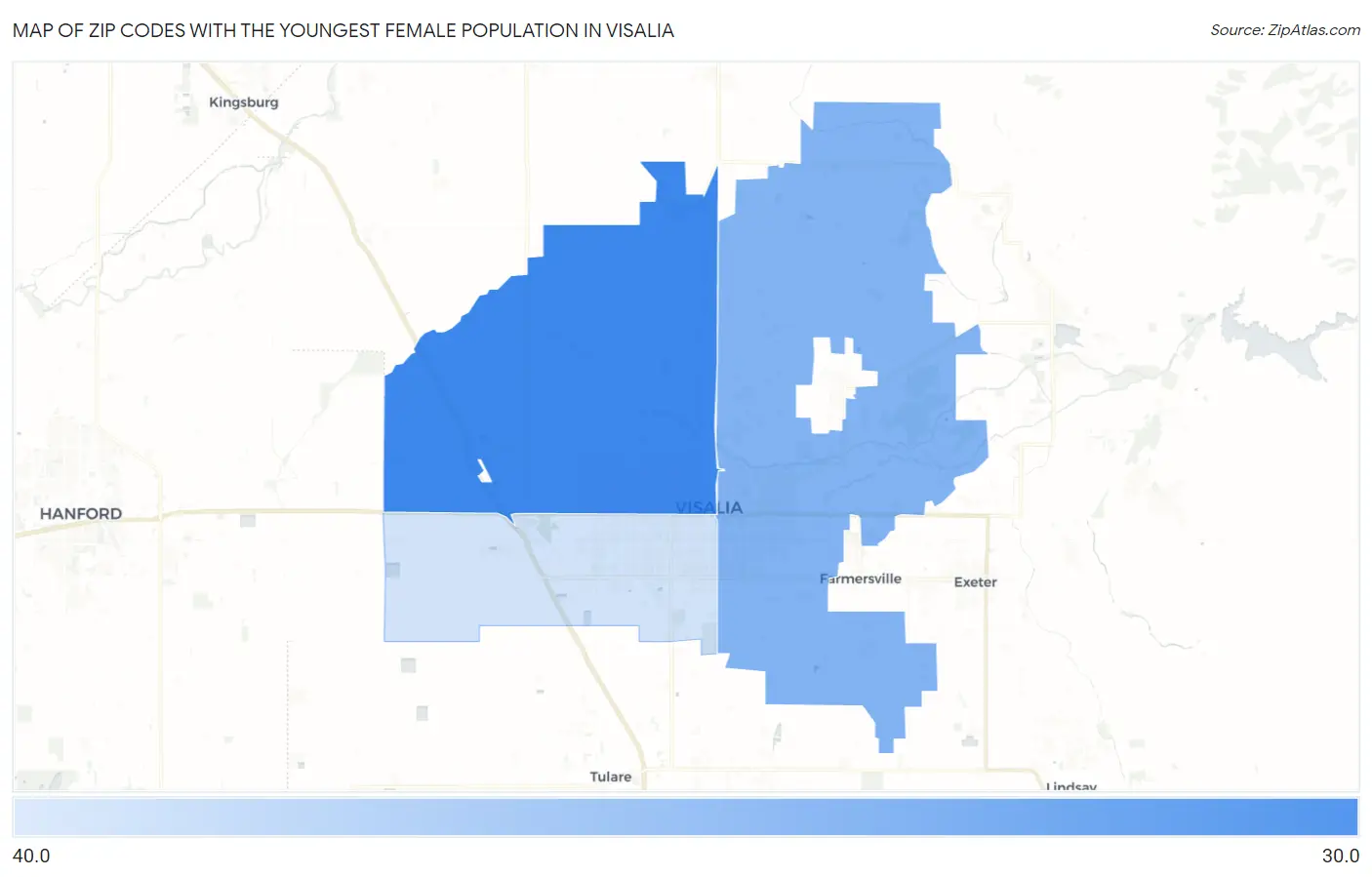 Zip Codes with the Youngest Female Population in Visalia Map