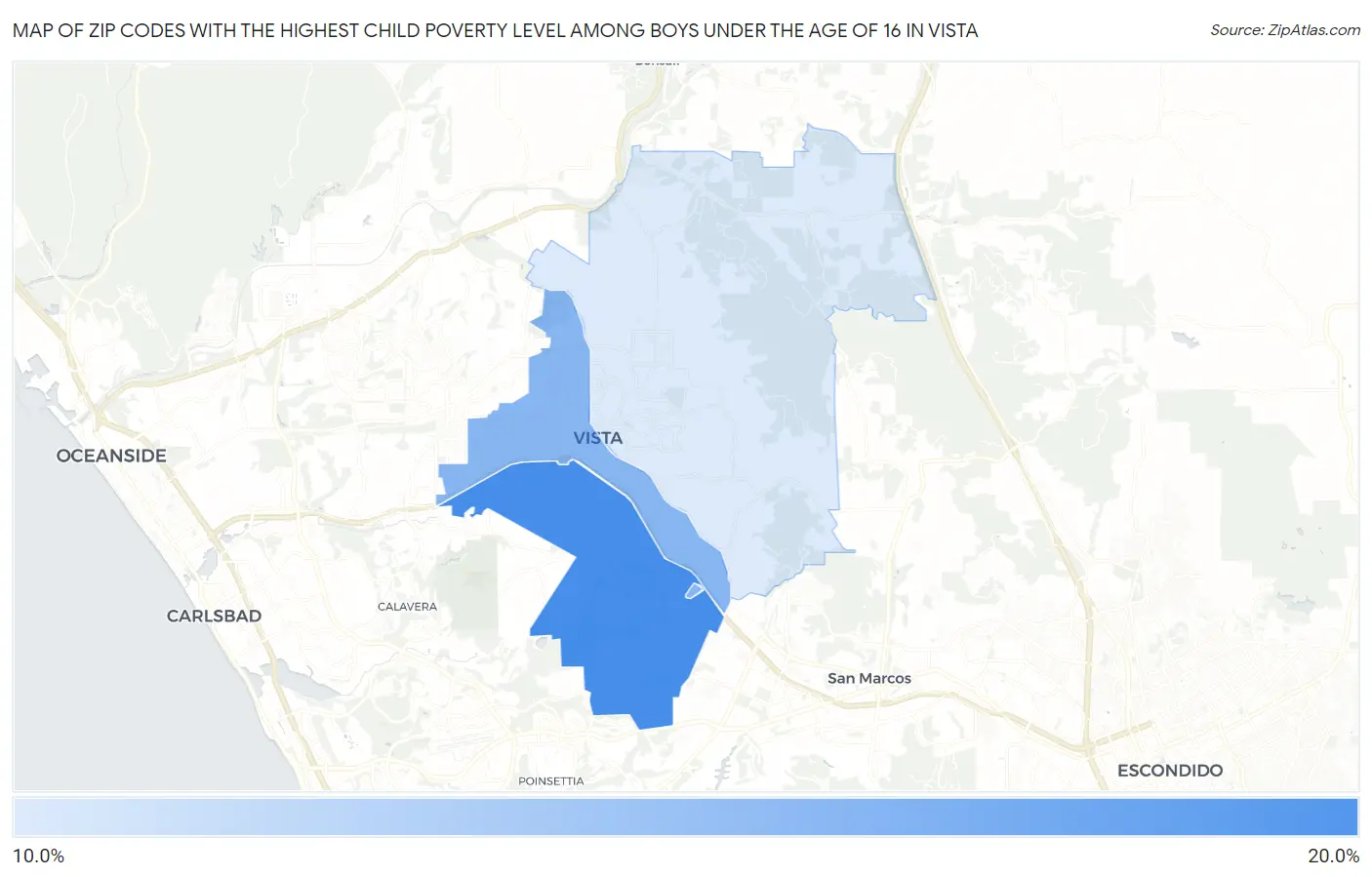 Zip Codes with the Highest Child Poverty Level Among Boys Under the Age of 16 in Vista Map