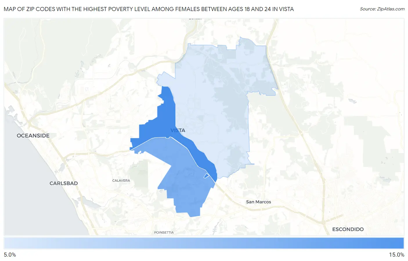 Zip Codes with the Highest Poverty Level Among Females Between Ages 18 and 24 in Vista Map
