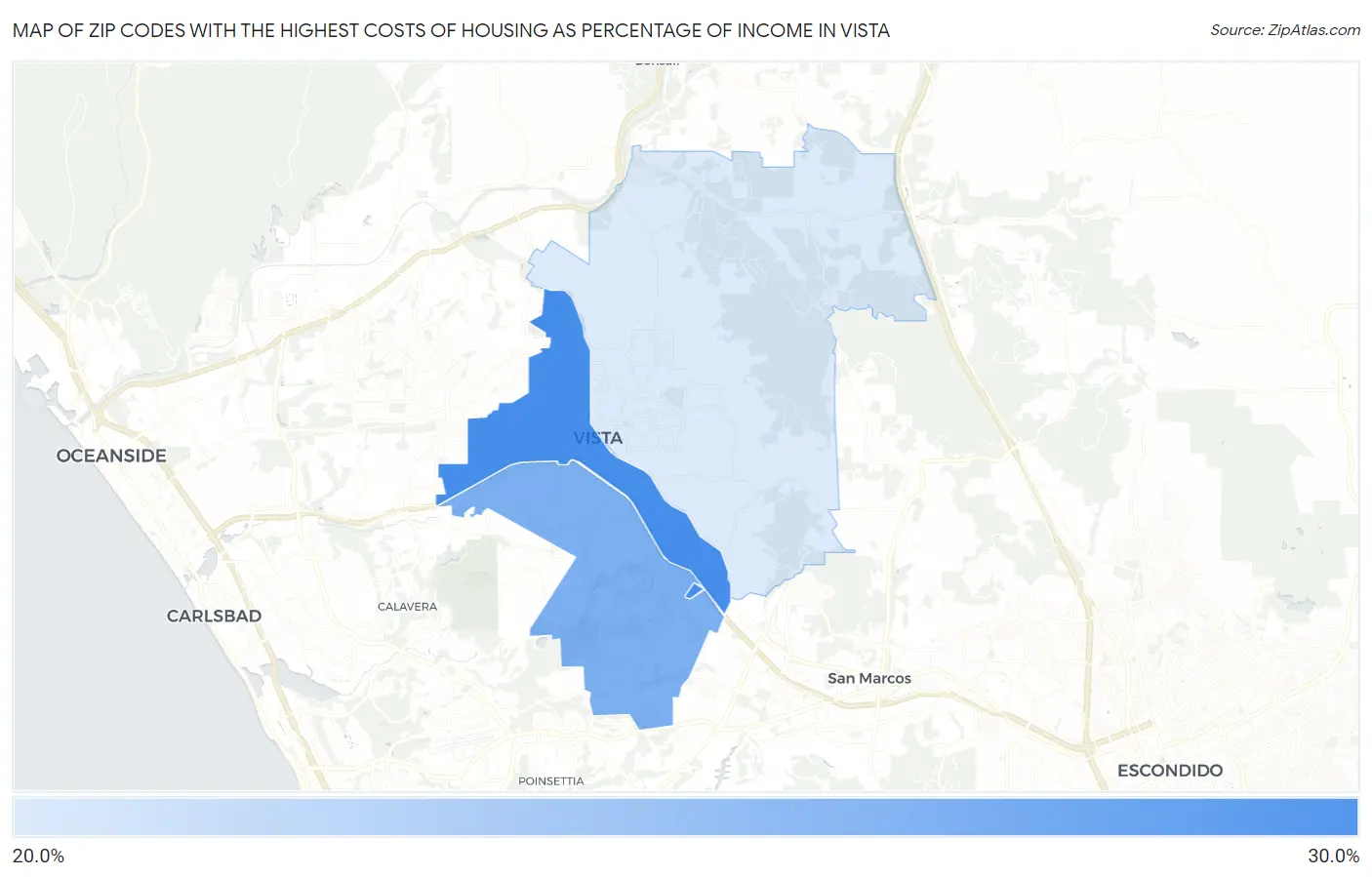 Zip Codes with the Highest Costs of Housing as Percentage of Income in Vista Map