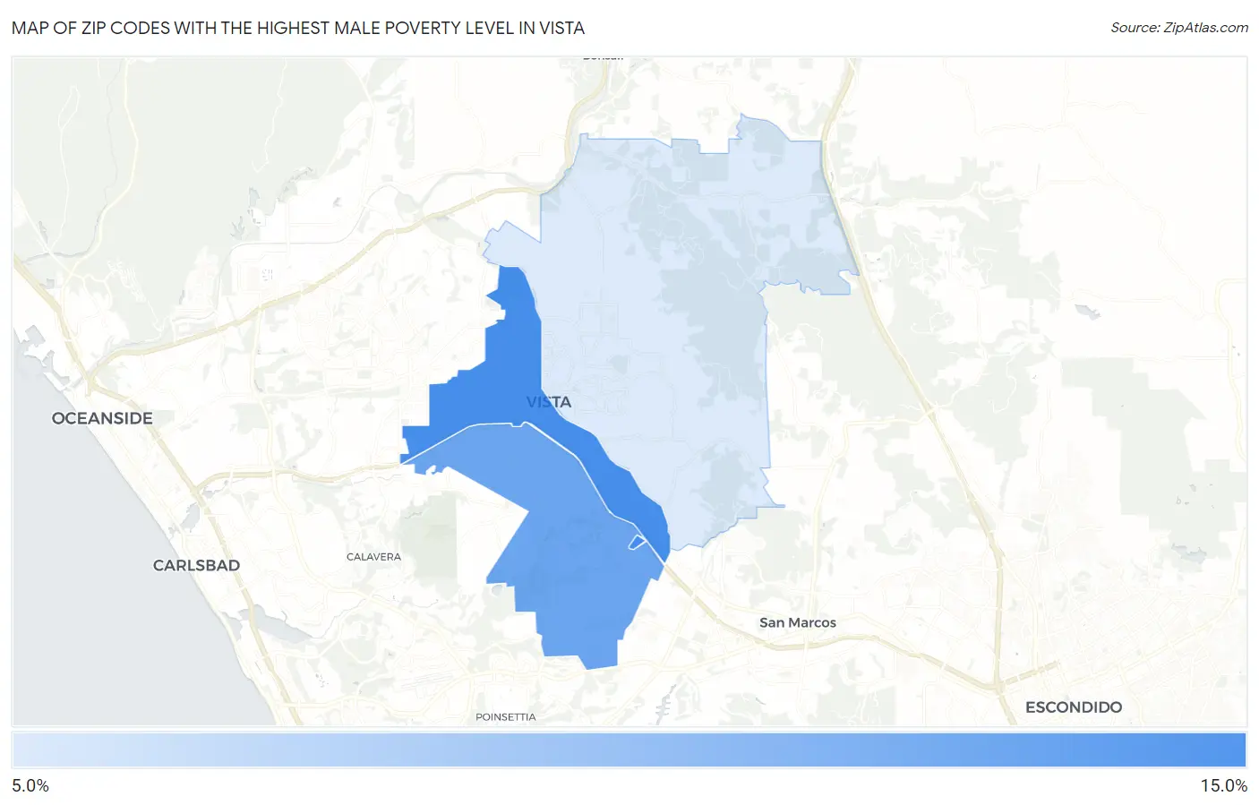 Zip Codes with the Highest Male Poverty Level in Vista Map