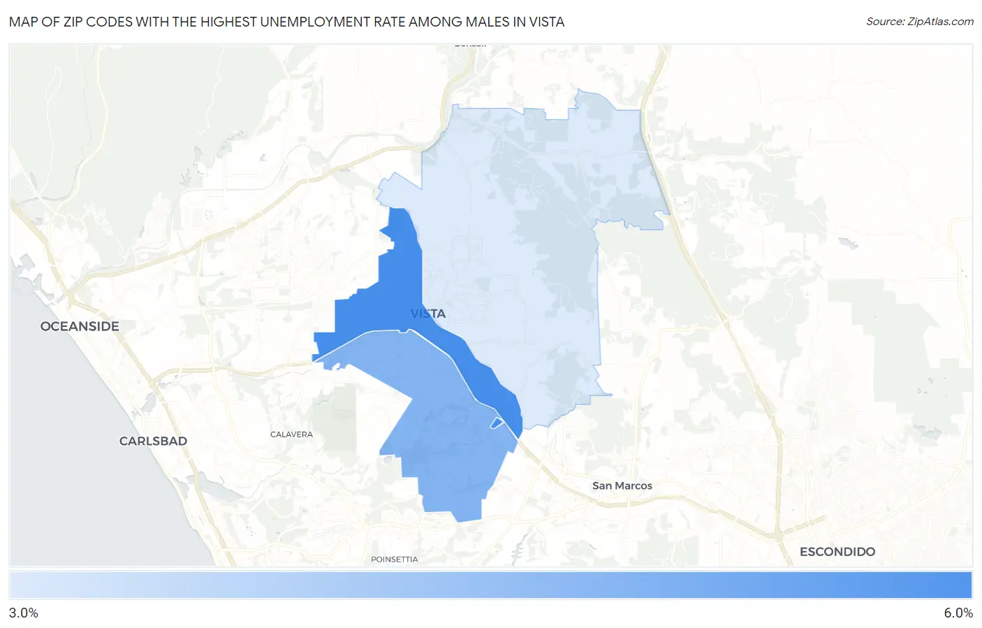 Zip Codes with the Highest Unemployment Rate Among Males in Vista Map
