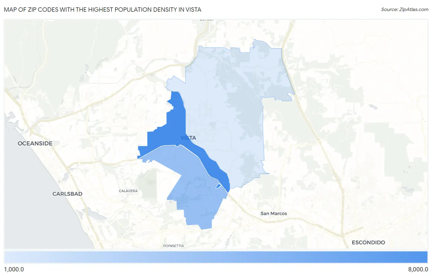 Zip Codes with the Highest Population Density in Vista Map