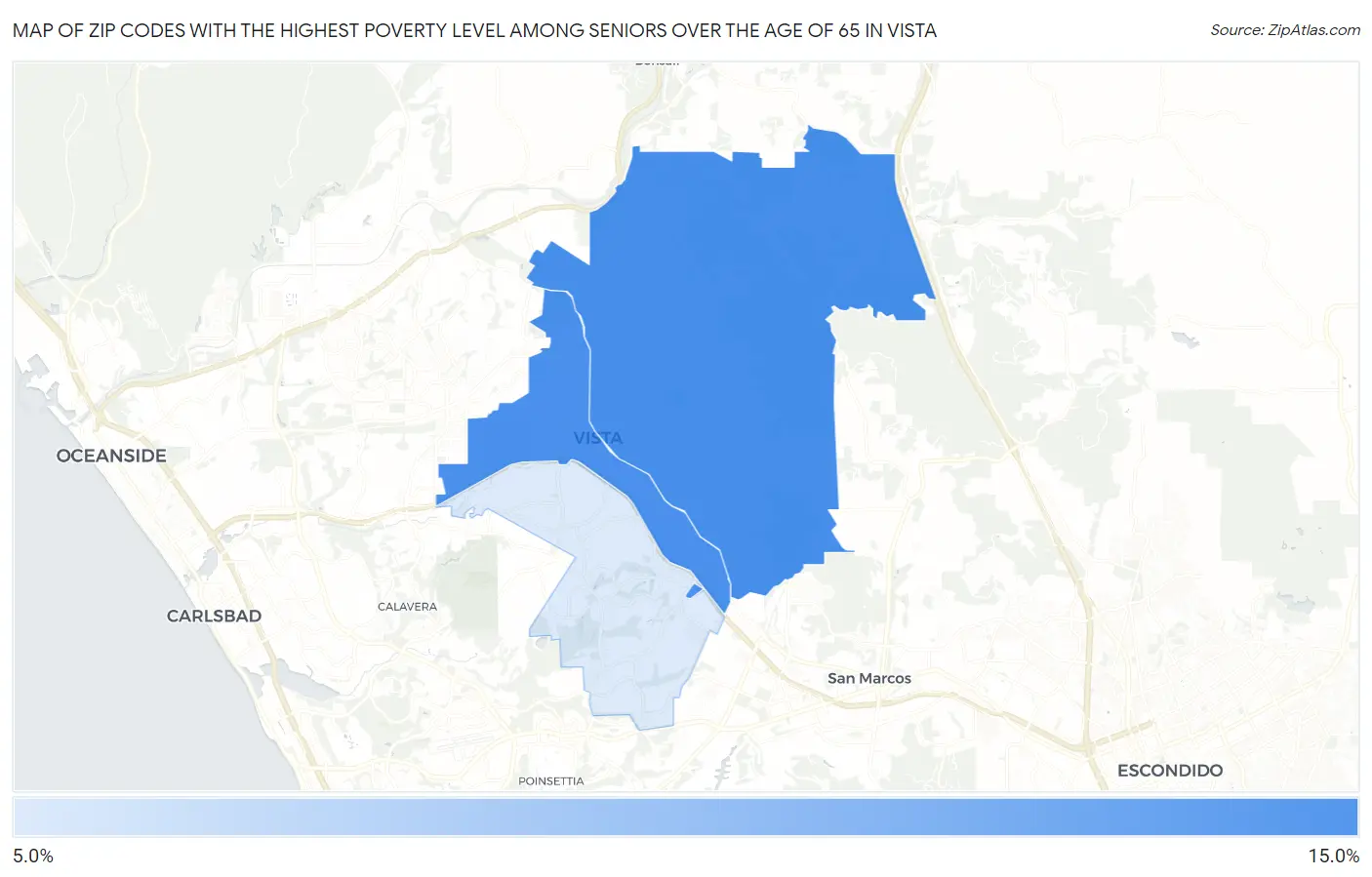 Zip Codes with the Highest Poverty Level Among Seniors Over the Age of 65 in Vista Map
