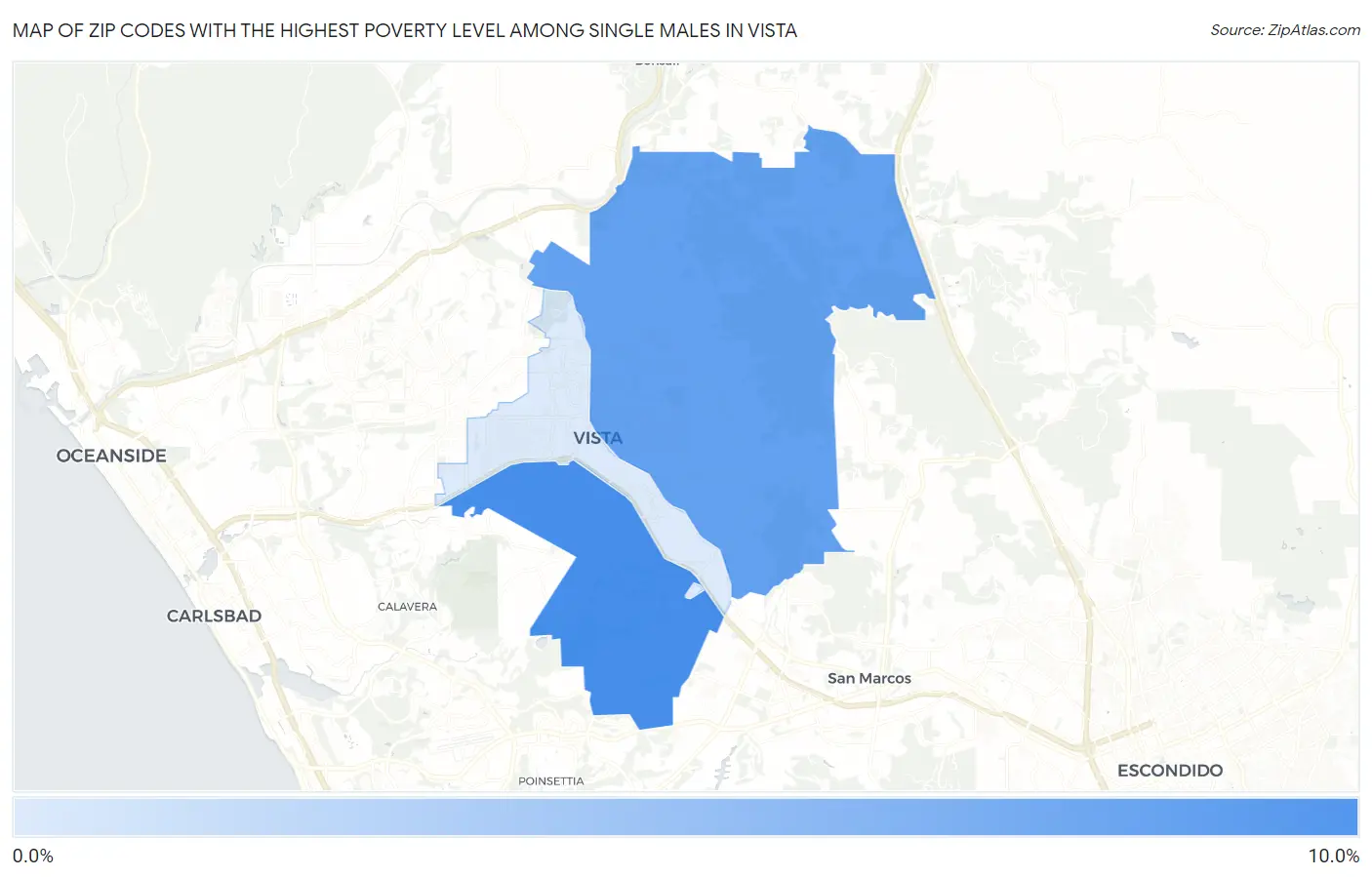 Zip Codes with the Highest Poverty Level Among Single Males in Vista Map