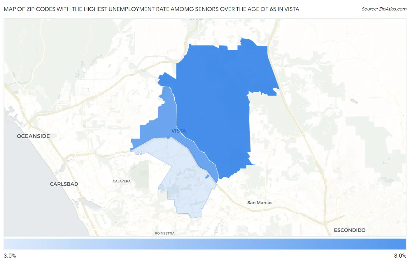Zip Codes with the Highest Unemployment Rate Amomg Seniors Over the Age of 65 in Vista Map