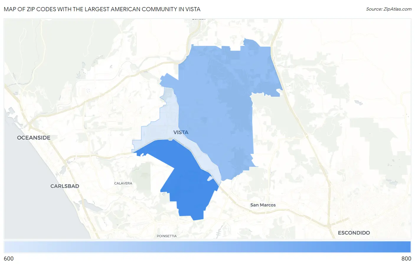 Zip Codes with the Largest American Community in Vista Map