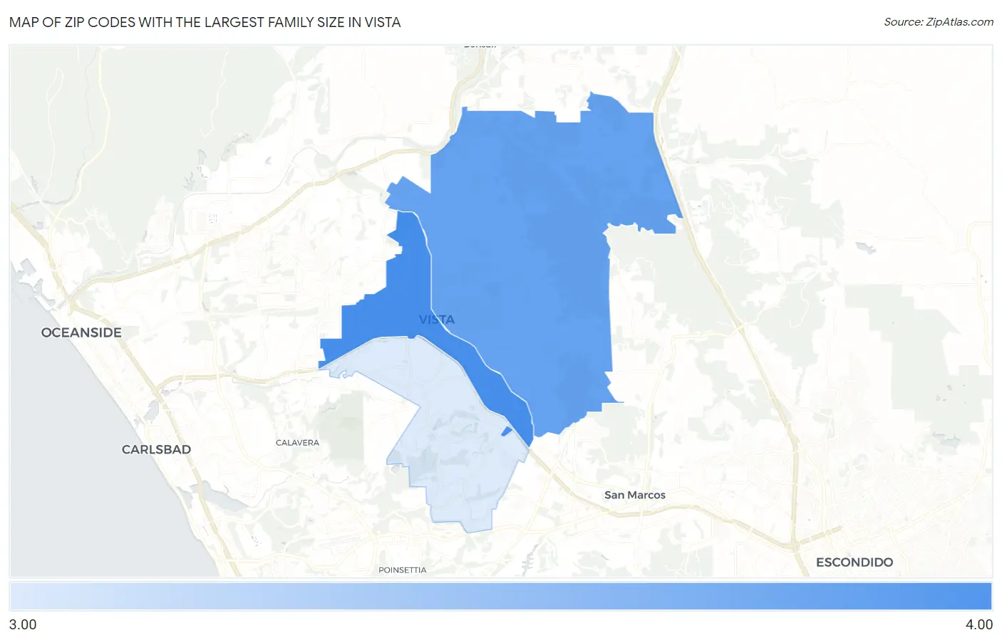 Zip Codes with the Largest Family Size in Vista Map