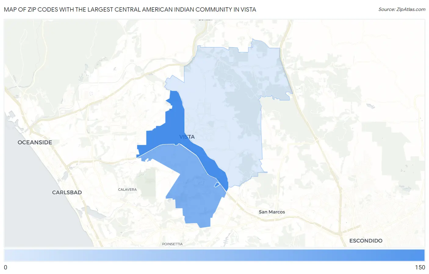 Zip Codes with the Largest Central American Indian Community in Vista Map